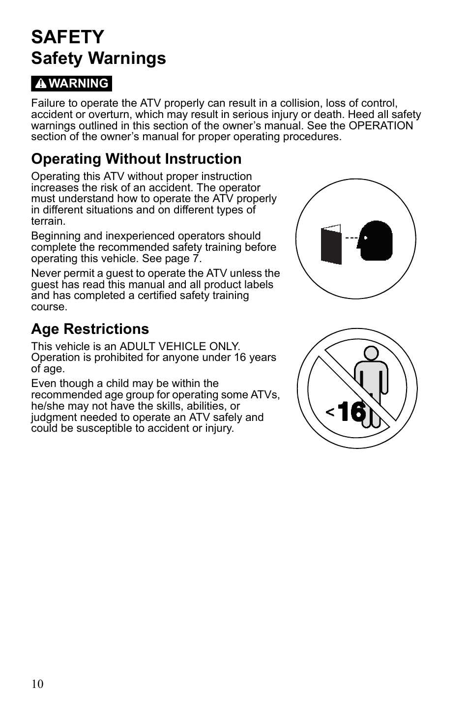 Safety, Safety warnings, Operating without instruction | Age restrictions | Polaris Trail Blazer 9921773 User Manual | Page 13 / 122