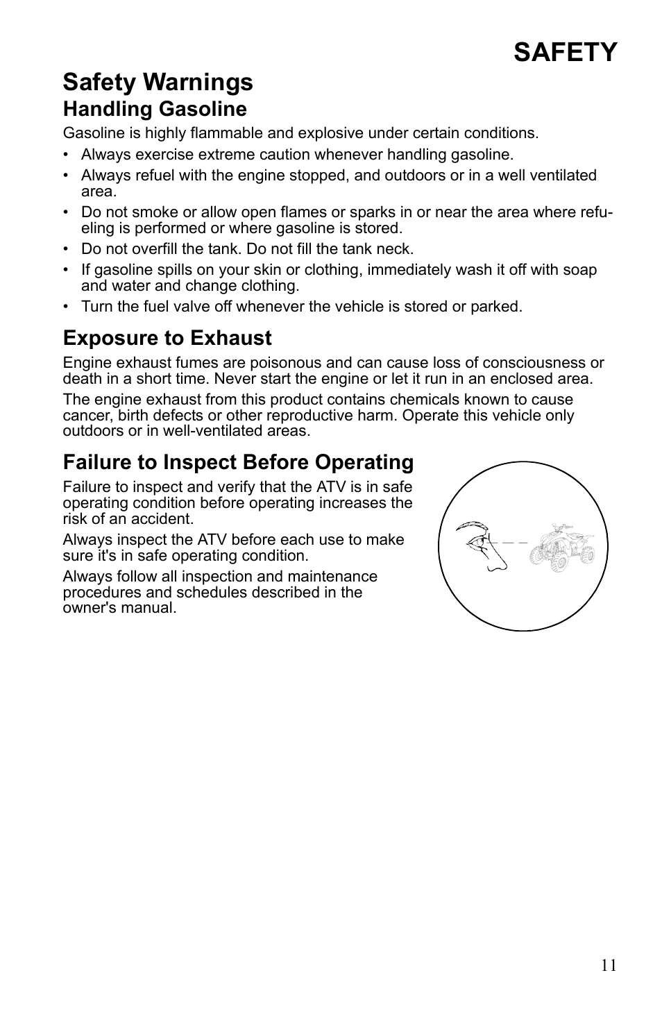 Safety, Safety warnings, Handling gasoline | Exposure to exhaust, Failure to inspect before operating | Polaris Trail Blazer 9921773 User Manual | Page 14 / 122