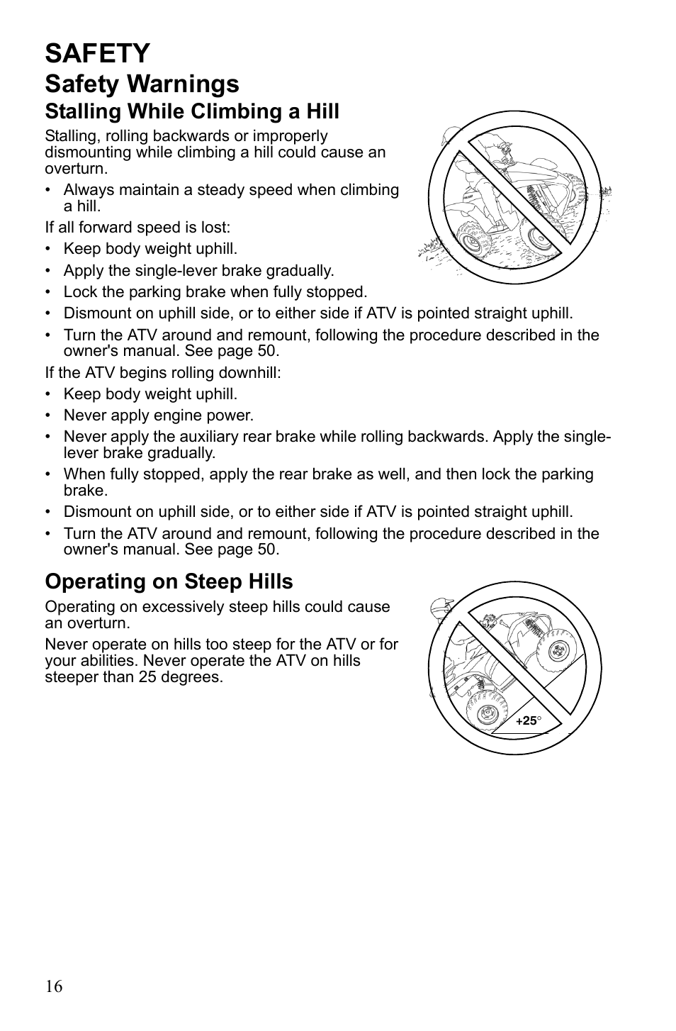 Safety, Safety warnings, Stalling while climbing a hill | Operating on steep hills | Polaris Trail Blazer 9921773 User Manual | Page 19 / 122