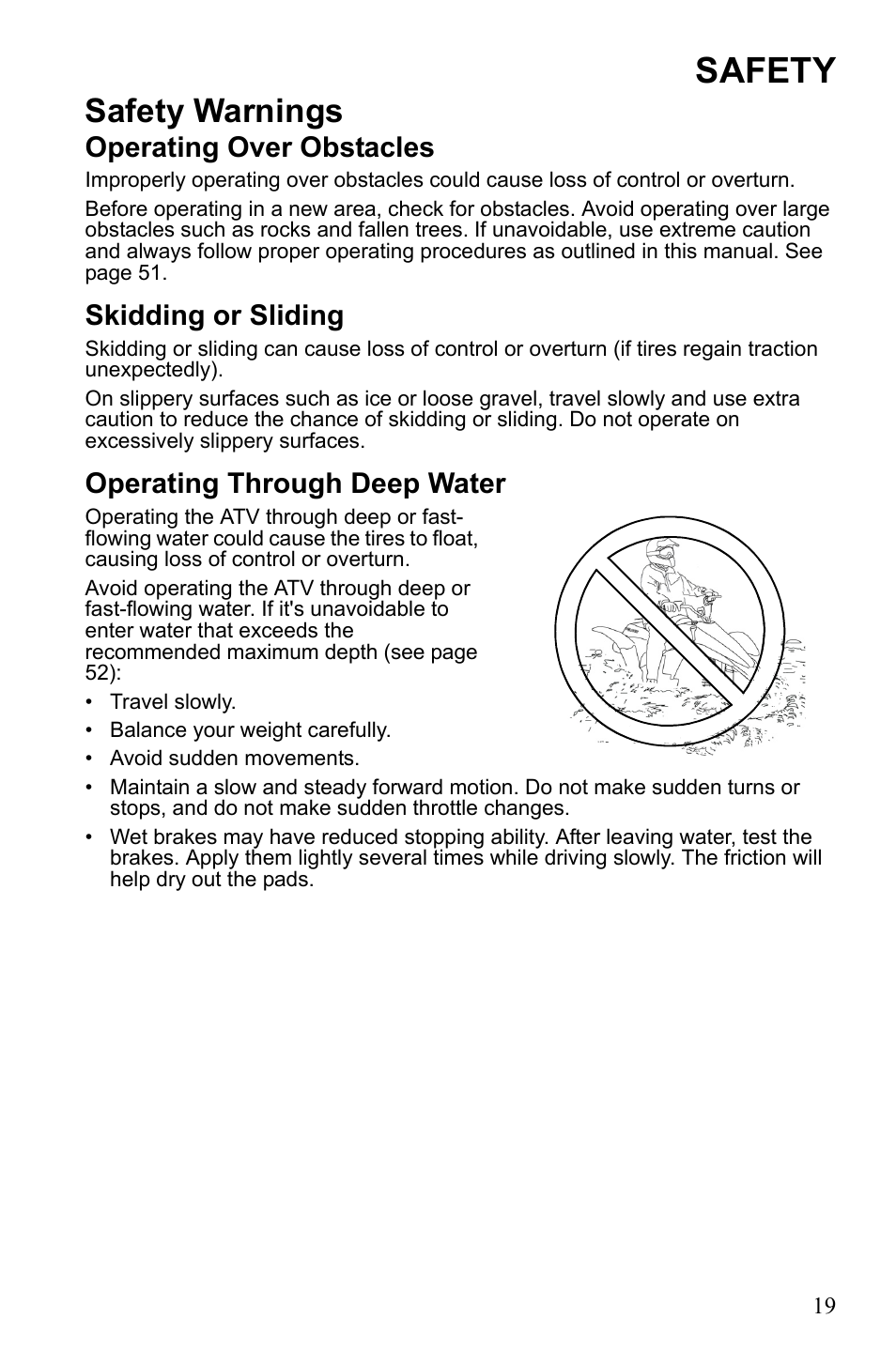 Safety, Safety warnings, Operating over obstacles | Skidding or sliding, Operating through deep water | Polaris Trail Blazer 9921773 User Manual | Page 22 / 122