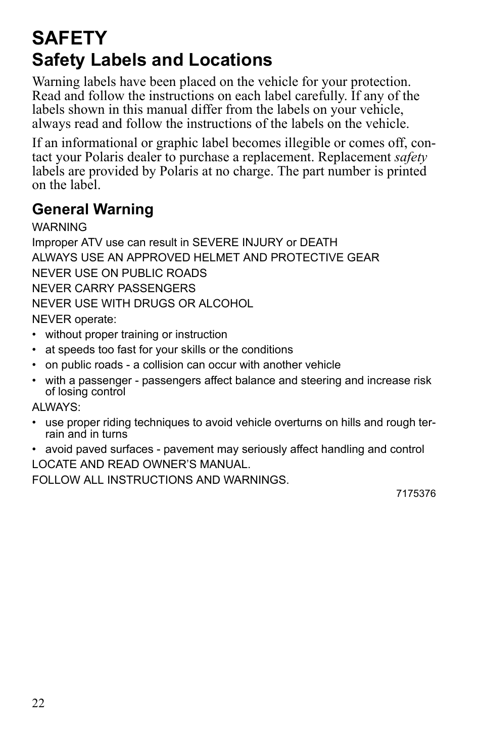Safety, Safety labels and locations, General warning | Polaris Trail Blazer 9921773 User Manual | Page 25 / 122