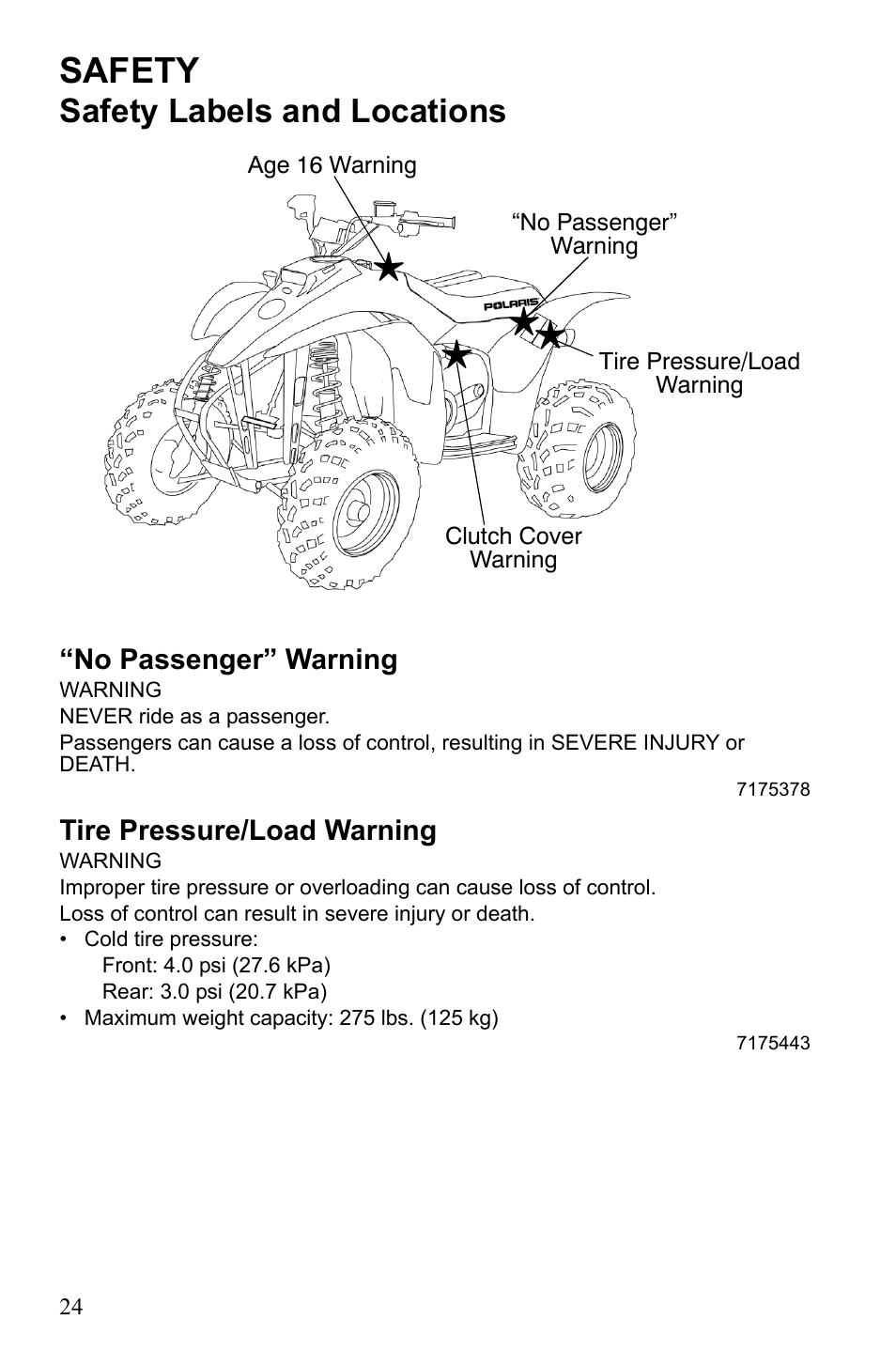 Safety, Safety labels and locations | Polaris Trail Blazer 9921773 User Manual | Page 27 / 122