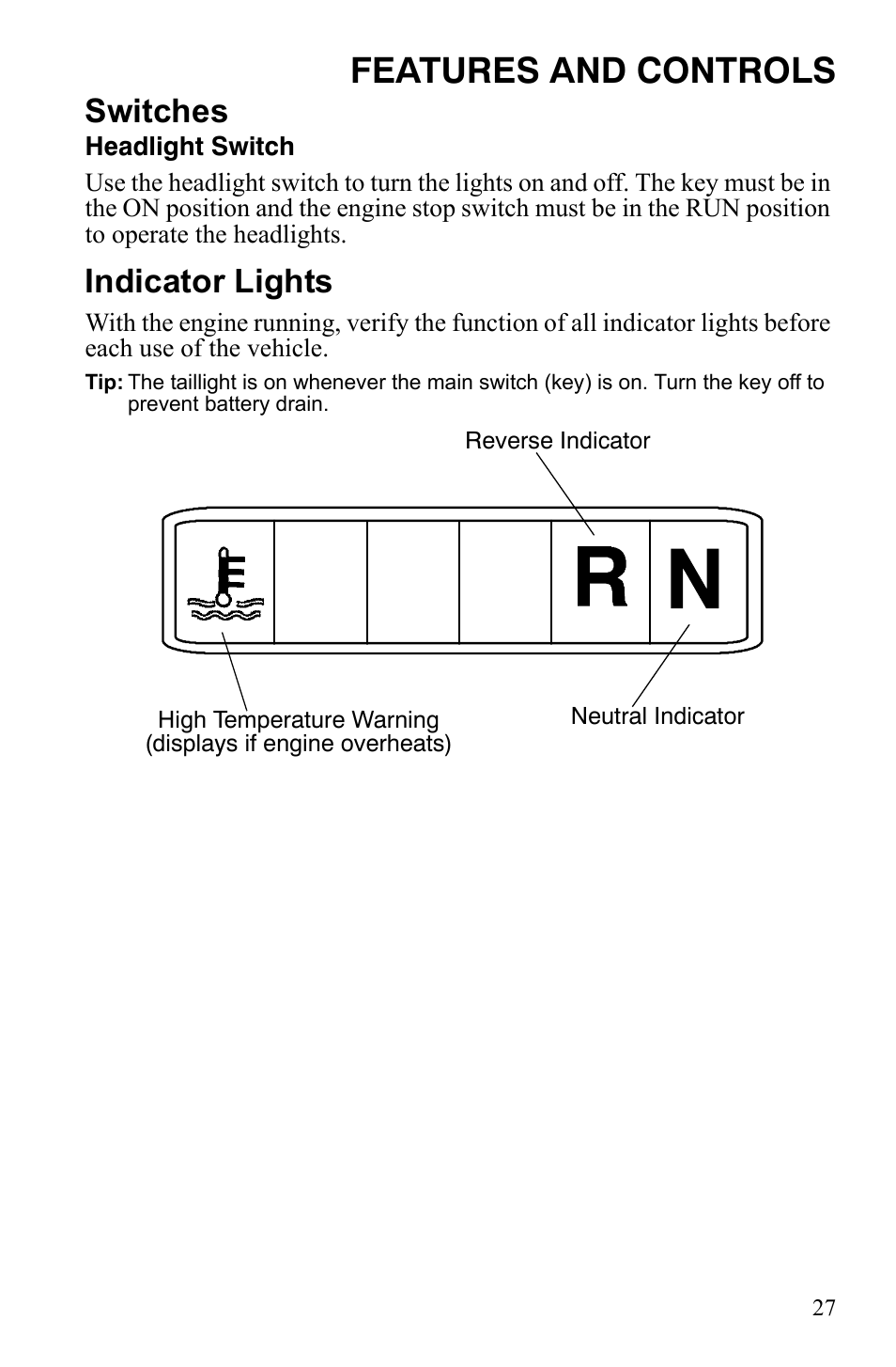 Features and controls, Switches, Indicator lights | Polaris Trail Blazer 9921773 User Manual | Page 30 / 122