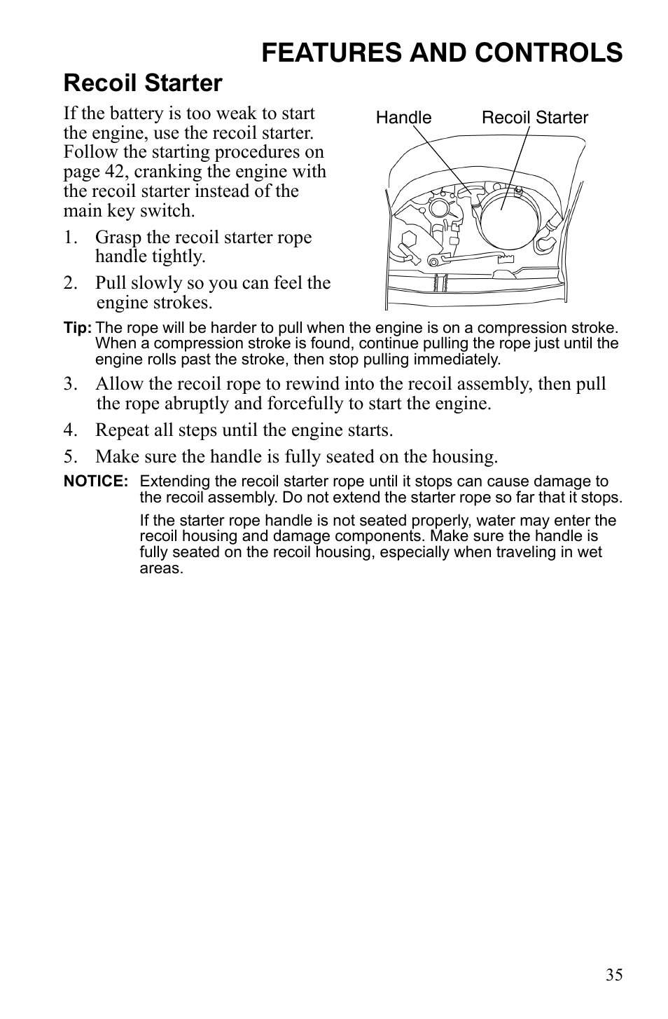 Features and controls, Recoil starter | Polaris Trail Blazer 9921773 User Manual | Page 38 / 122