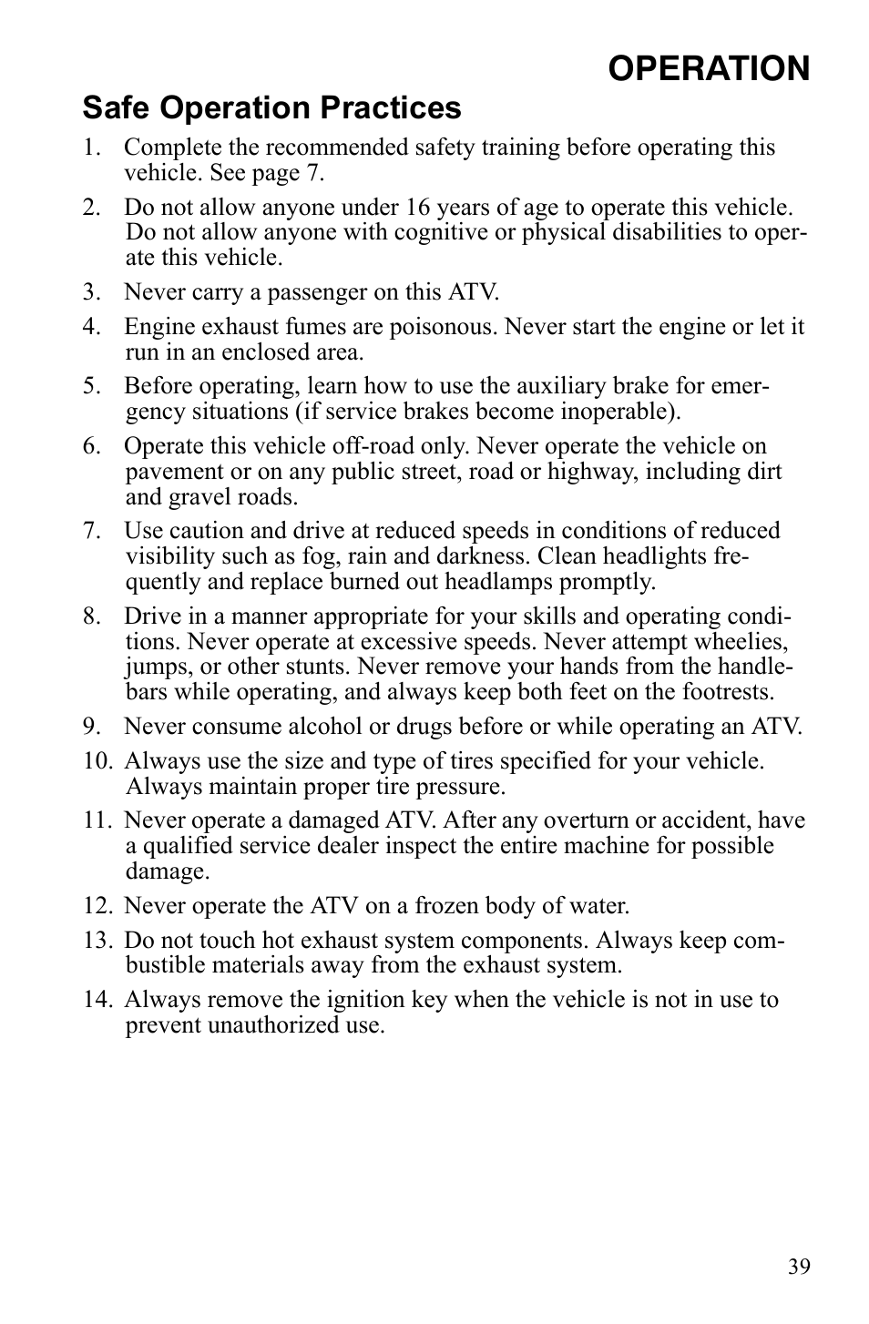 Operation, Safe operation practices | Polaris Trail Blazer 9921773 User Manual | Page 42 / 122