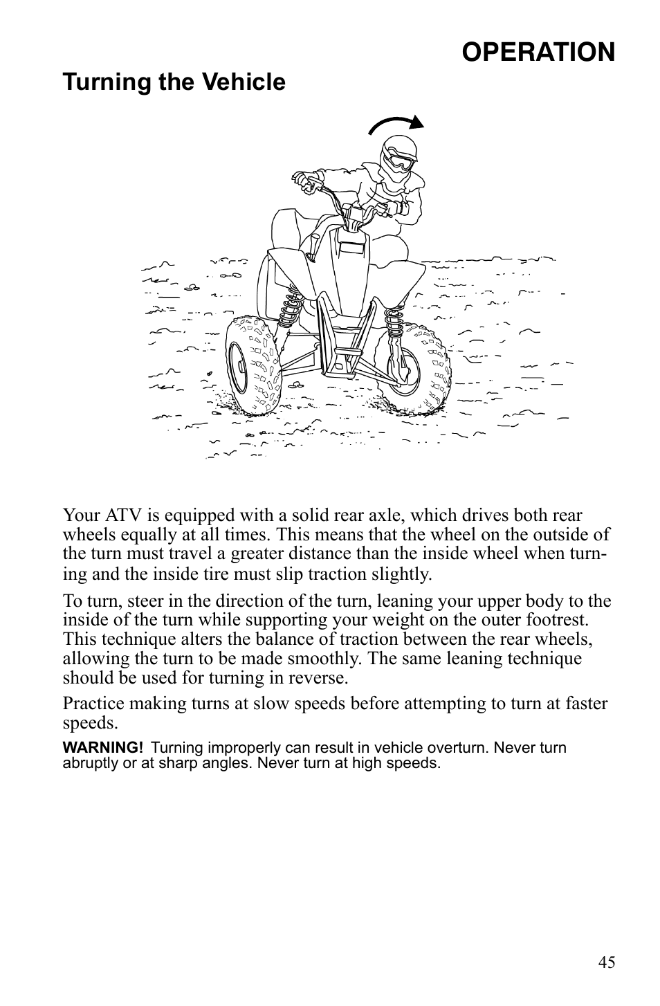 Operation, Turning the vehicle | Polaris Trail Blazer 9921773 User Manual | Page 48 / 122