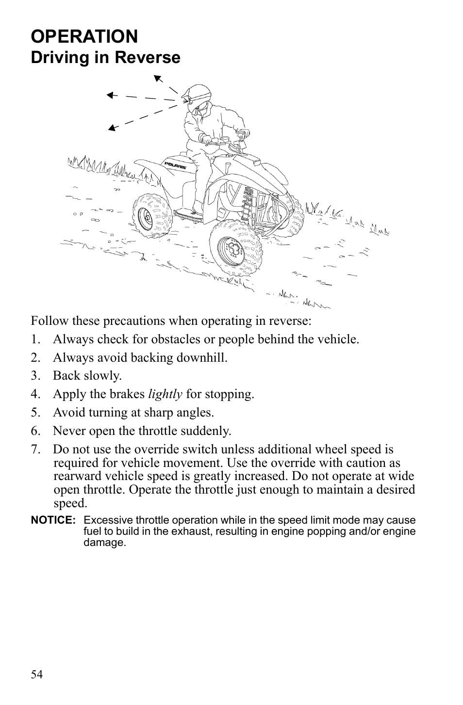 Operation, Driving in reverse | Polaris Trail Blazer 9921773 User Manual | Page 57 / 122