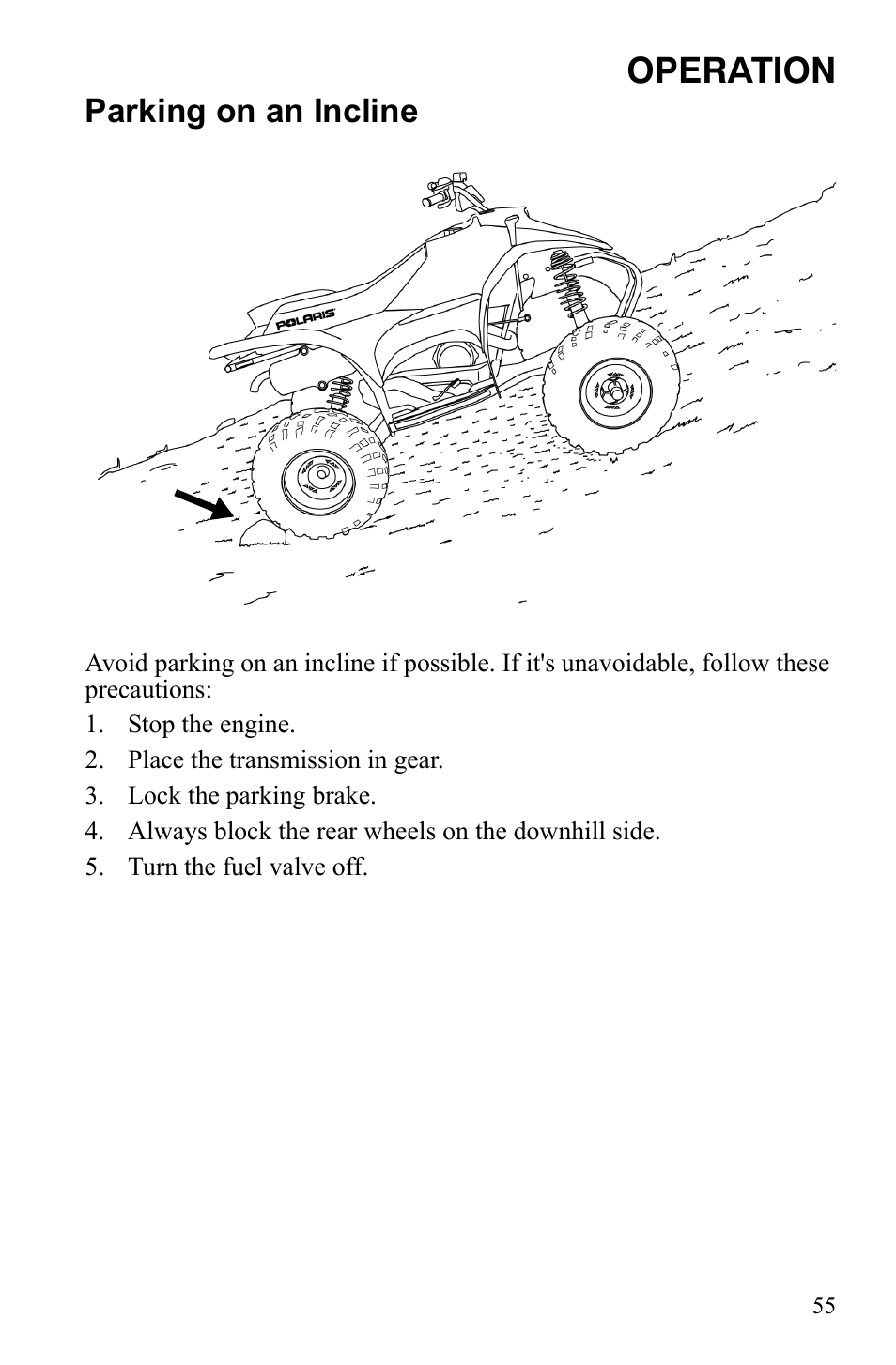 Operation, Parking on an incline | Polaris Trail Blazer 9921773 User Manual | Page 58 / 122