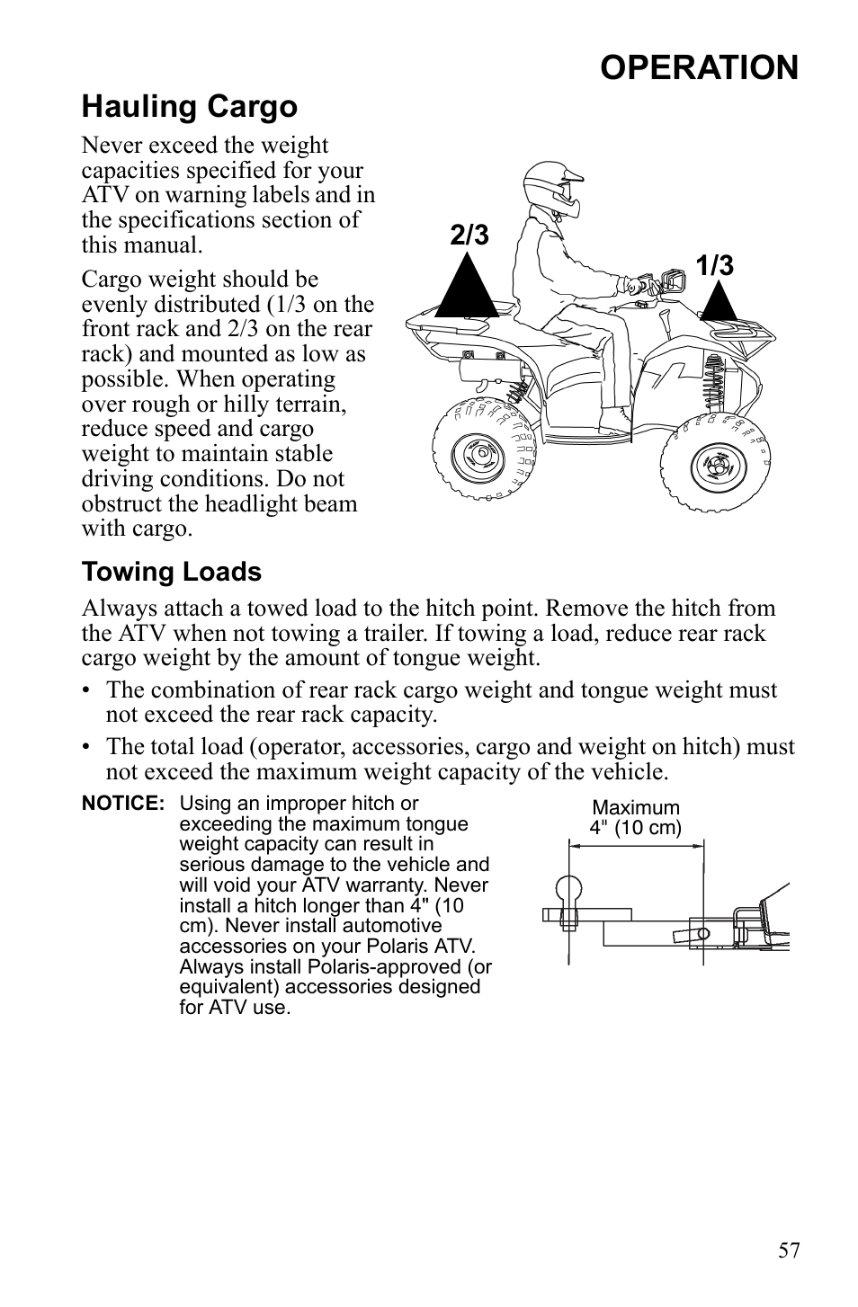 Operation, Hauling cargo, Towing loads | Polaris Trail Blazer 9921773 User Manual | Page 60 / 122
