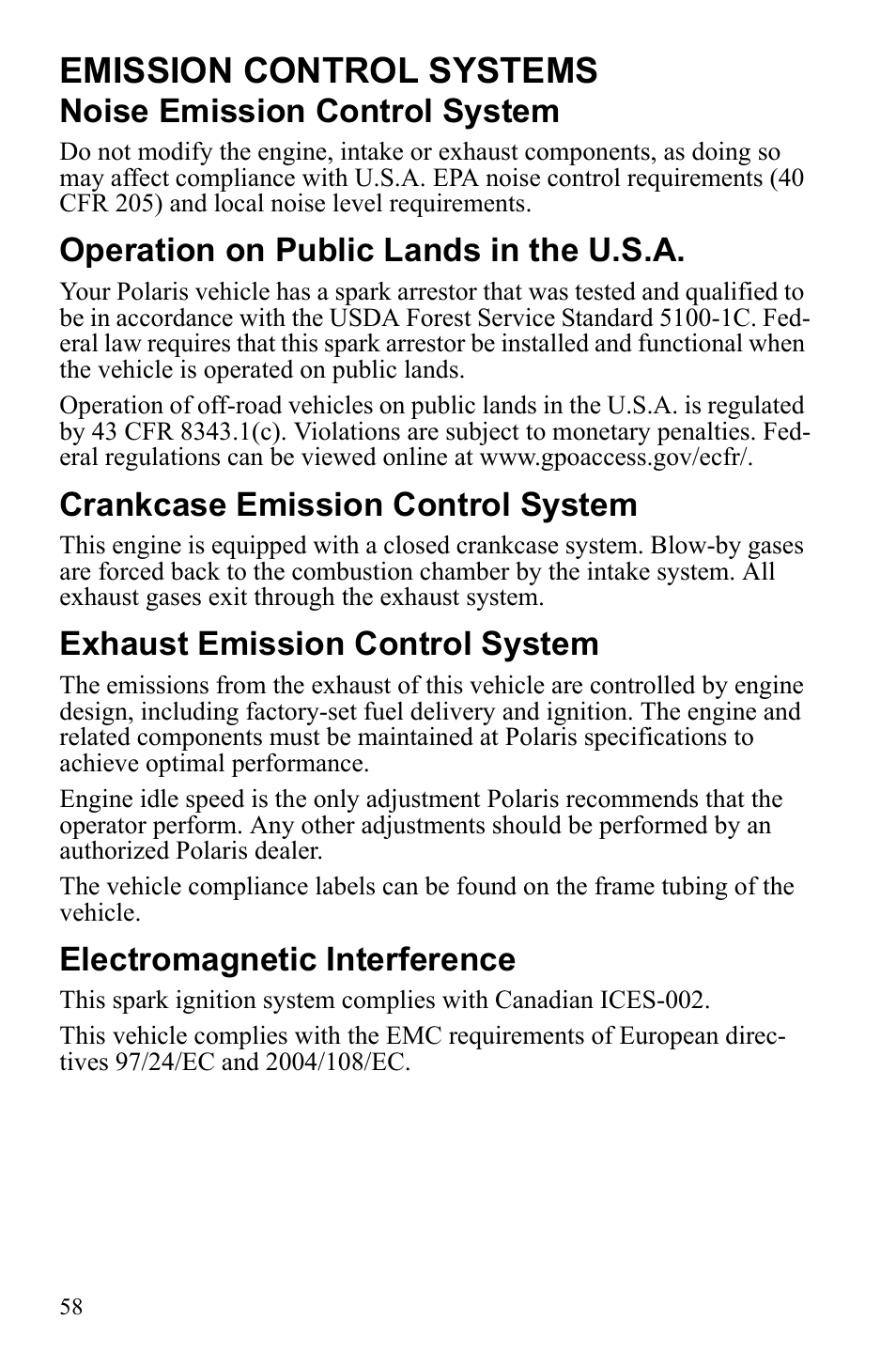 Emission control systems, Noise emission control system, Operation on public lands in the u.s.a | Crankcase emission control system, Exhaust emission control system, Electromagnetic interference | Polaris Trail Blazer 9921773 User Manual | Page 61 / 122