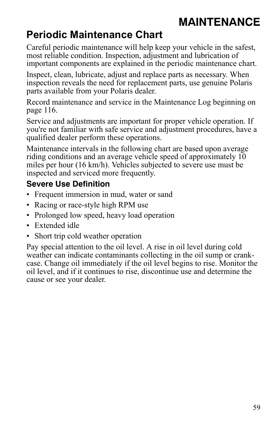 Maintenance, Periodic maintenance chart | Polaris Trail Blazer 9921773 User Manual | Page 62 / 122