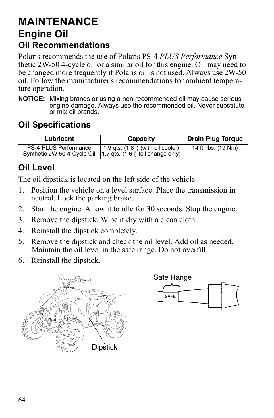 Maintenance, Engine oil | Polaris Trail Blazer 9921773 User Manual | Page 67 / 122