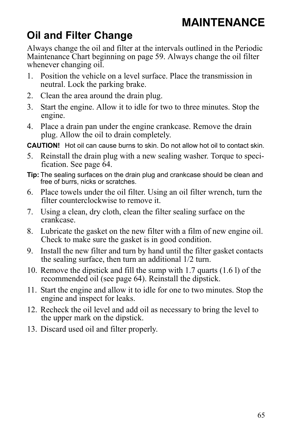 Maintenance, Oil and filter change | Polaris Trail Blazer 9921773 User Manual | Page 68 / 122