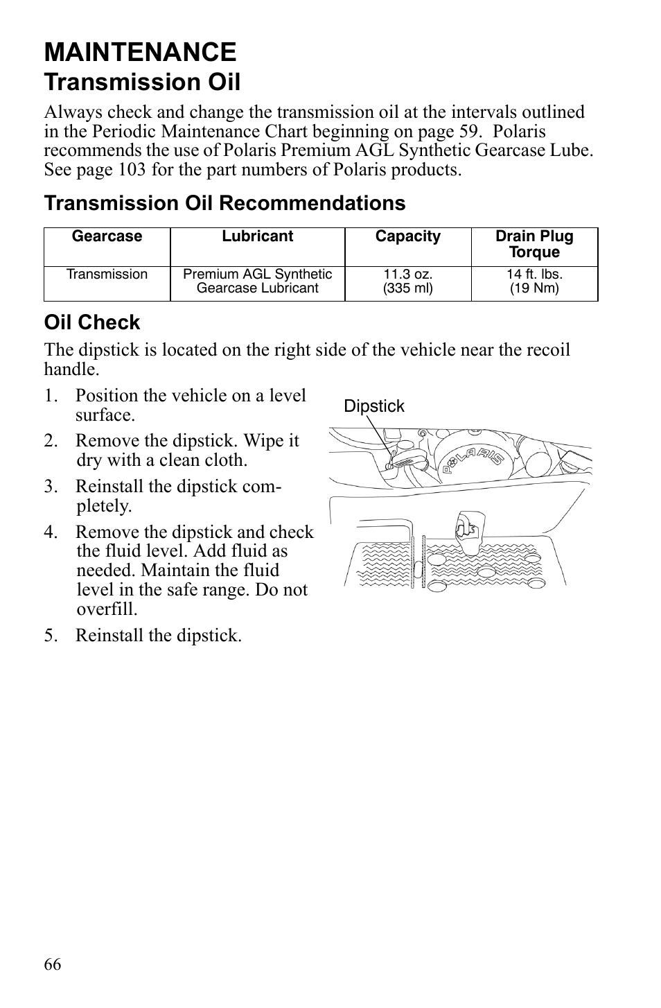 Maintenance, Transmission oil, Transmission oil recommendations oil check | Polaris Trail Blazer 9921773 User Manual | Page 69 / 122