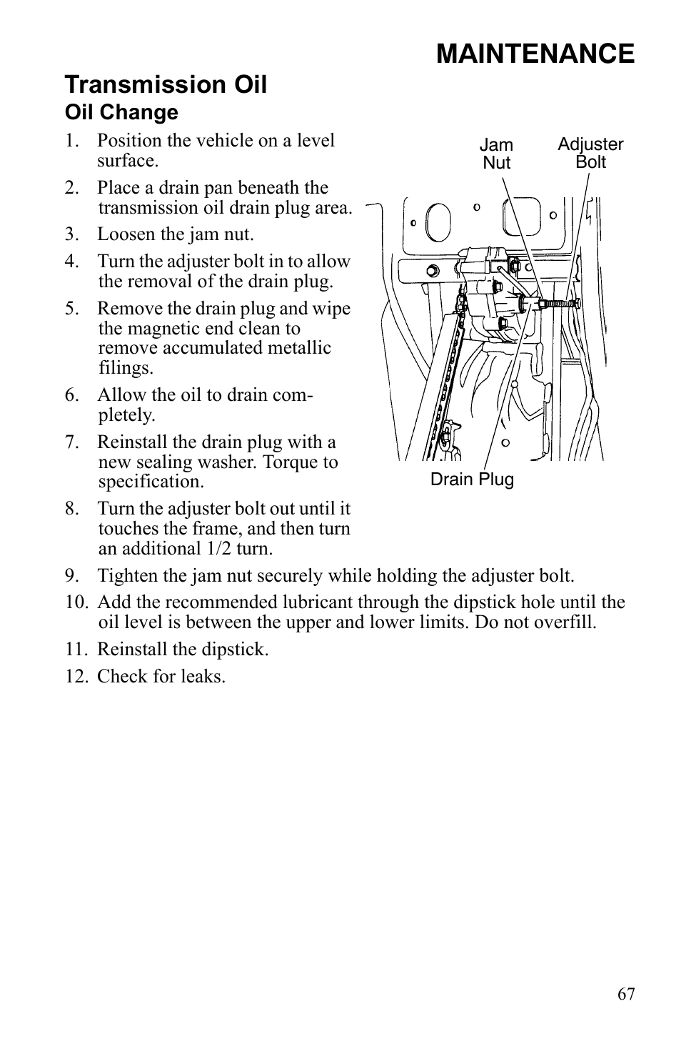 Maintenance, Transmission oil | Polaris Trail Blazer 9921773 User Manual | Page 70 / 122