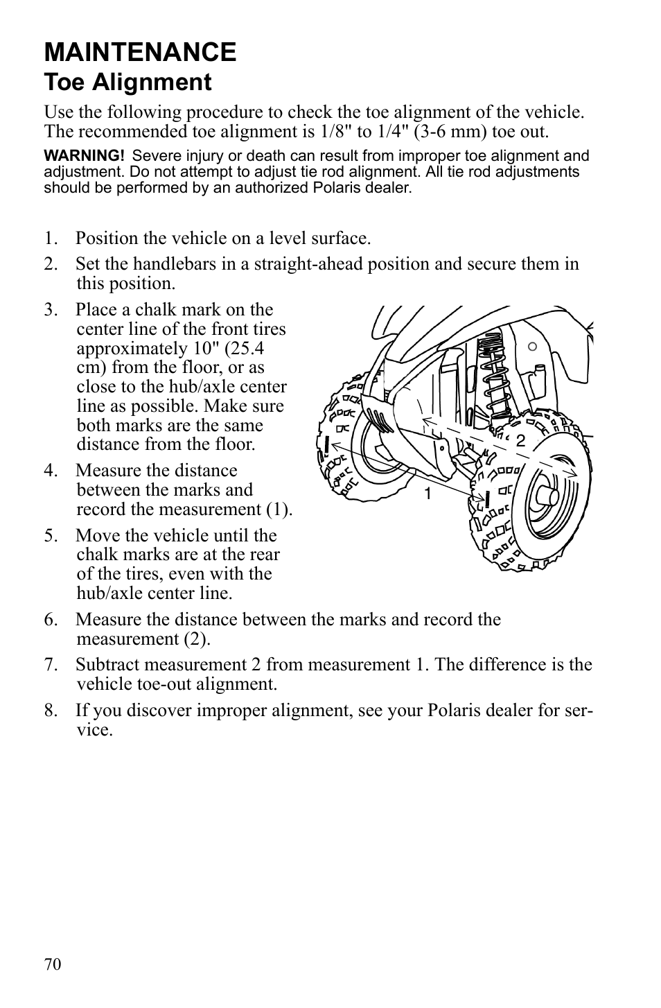 Maintenance, Toe alignment | Polaris Trail Blazer 9921773 User Manual | Page 73 / 122