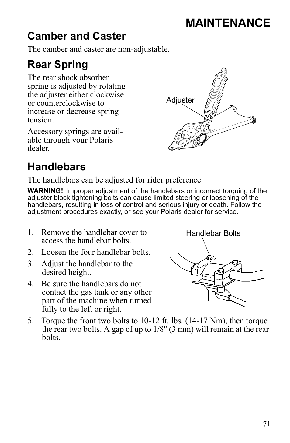 Maintenance, Camber and caster, Rear spring | Handlebars | Polaris Trail Blazer 9921773 User Manual | Page 74 / 122