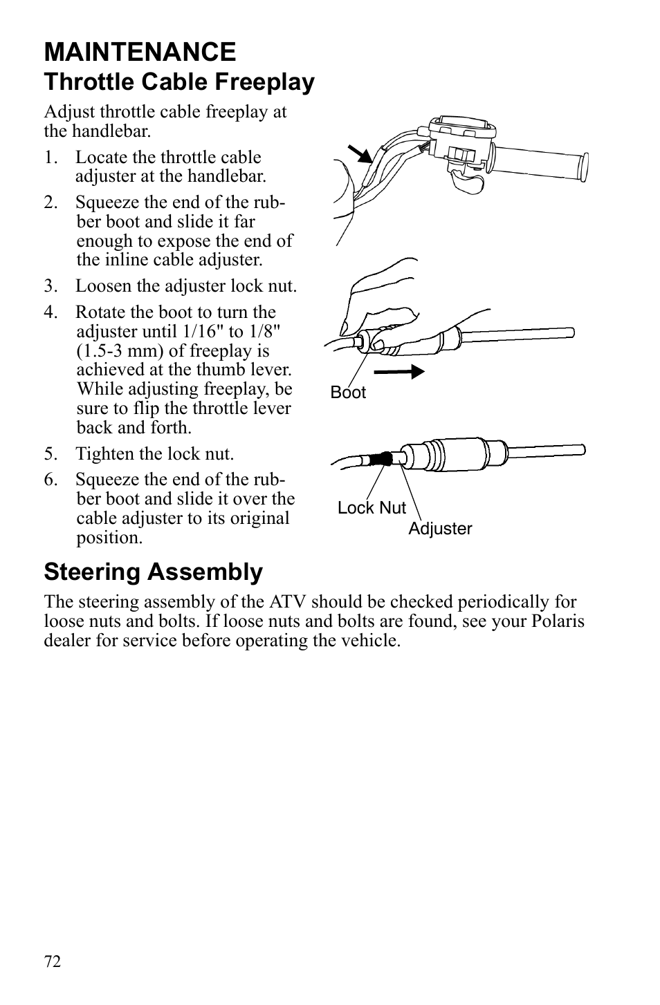 Maintenance, Throttle cable freeplay, Steering assembly | Polaris Trail Blazer 9921773 User Manual | Page 75 / 122
