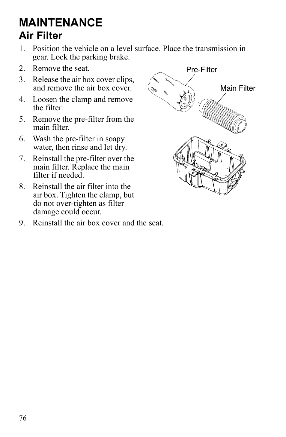 Maintenance, Air filter | Polaris Trail Blazer 9921773 User Manual | Page 79 / 122