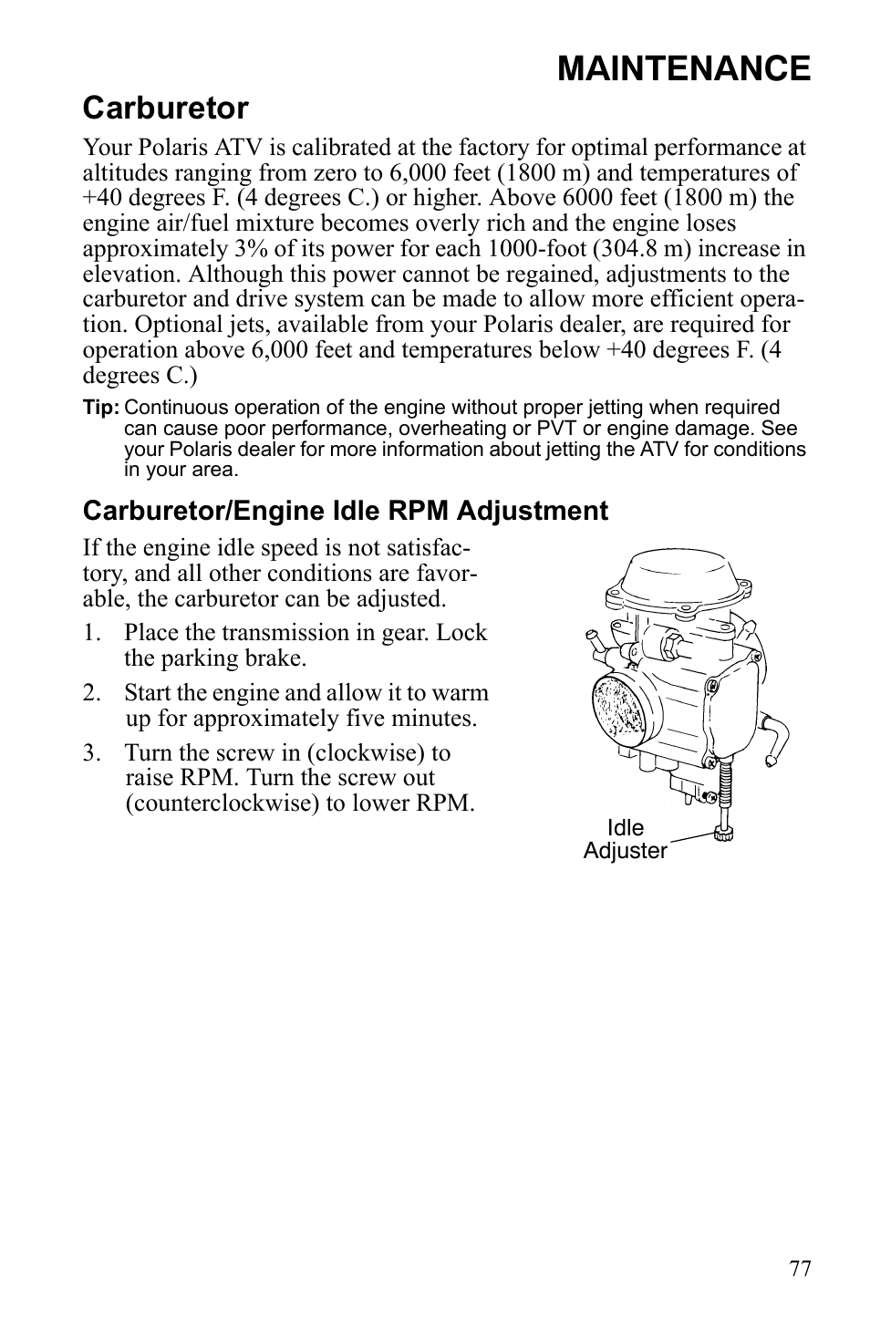 Maintenance, Carburetor | Polaris Trail Blazer 9921773 User Manual | Page 80 / 122