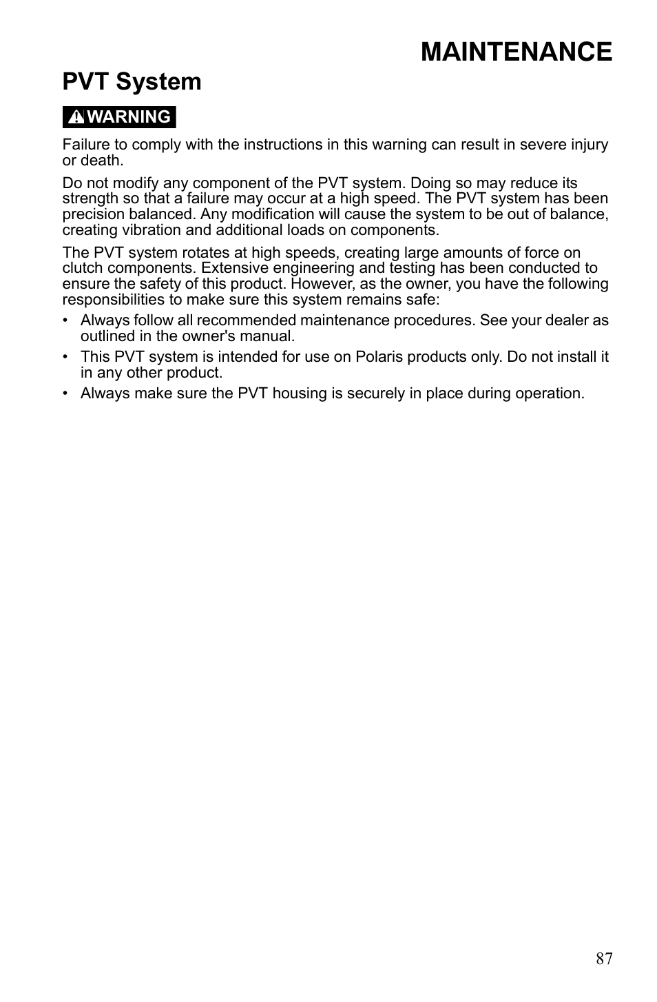 Maintenance, Pvt system | Polaris Trail Blazer 9921773 User Manual | Page 90 / 122