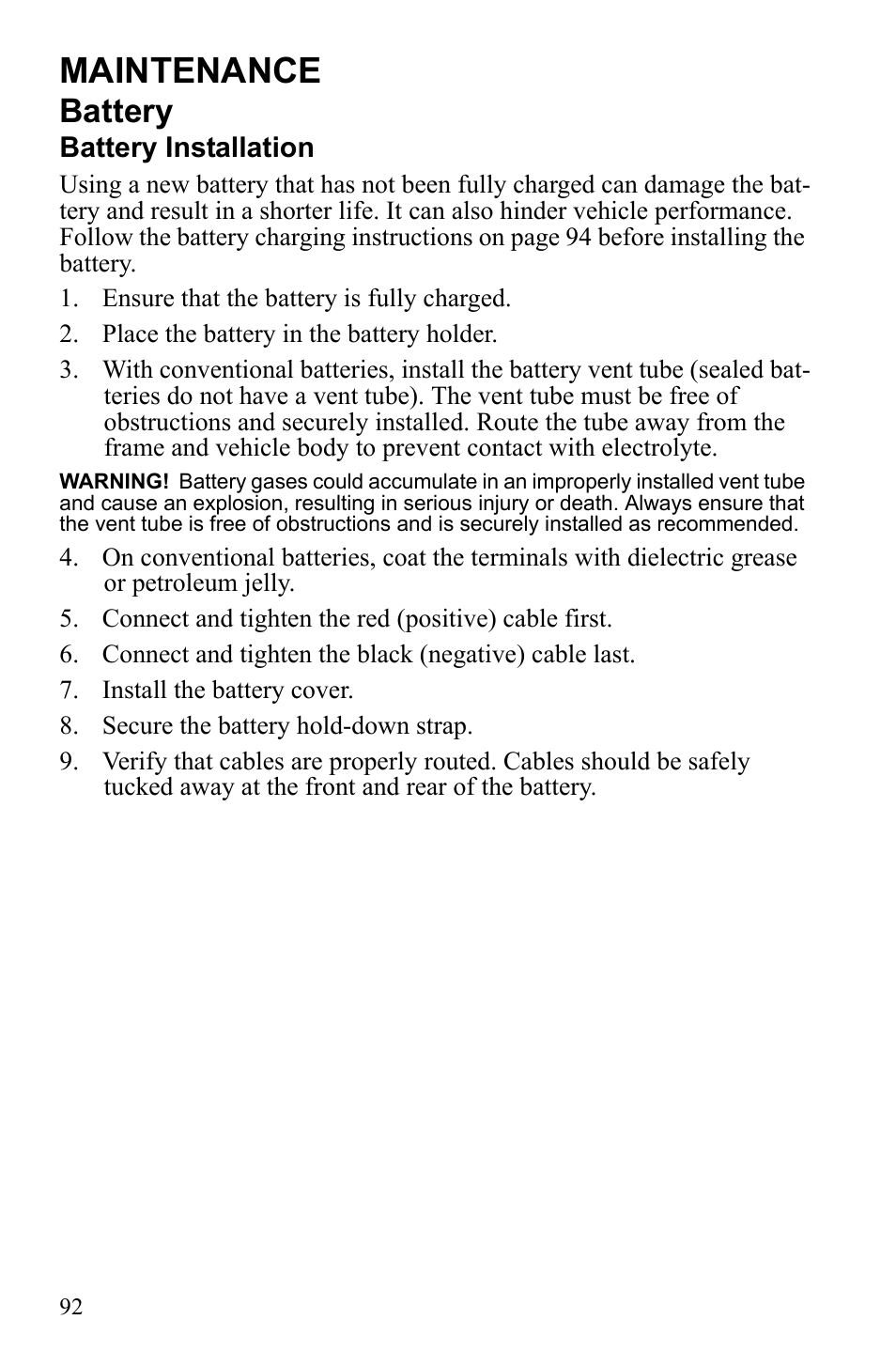 Maintenance, Battery | Polaris Trail Blazer 9921773 User Manual | Page 95 / 122