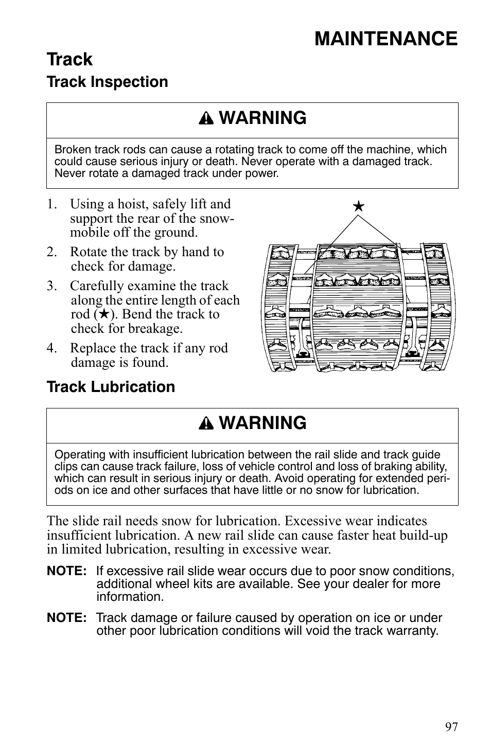 Maintenance, Track, Warning | Polaris Trail Touring Deluxe User Manual | Page 100 / 139