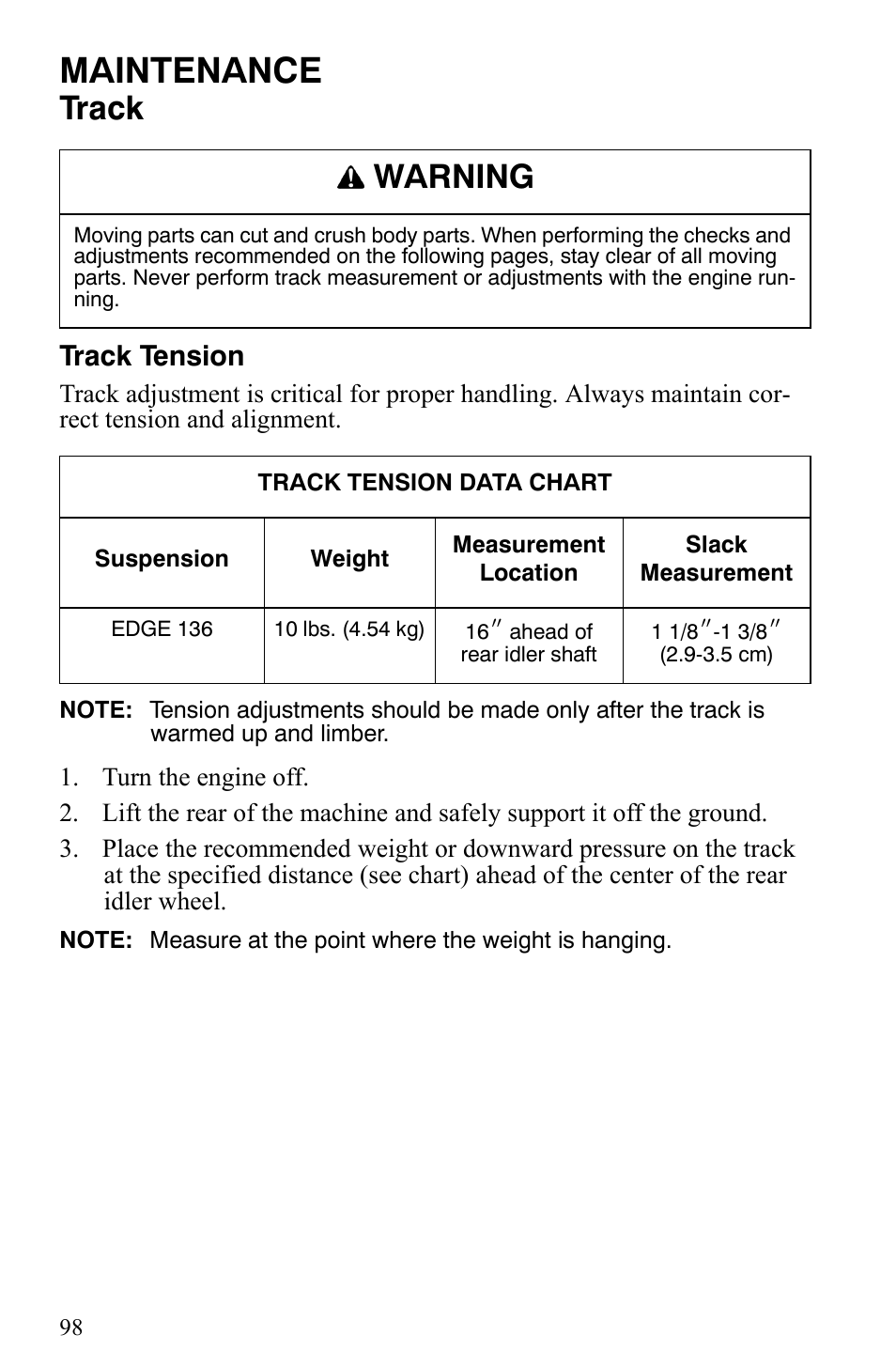 Maintenance, Track, Warning | Track tension | Polaris Trail Touring Deluxe User Manual | Page 101 / 139