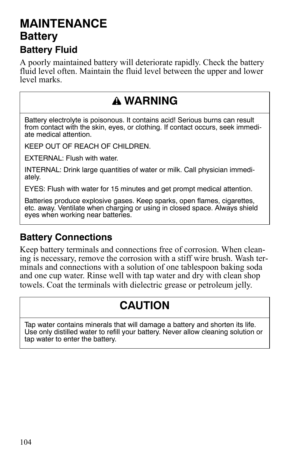 Maintenance, Battery, Warning | Caution | Polaris Trail Touring Deluxe User Manual | Page 107 / 139