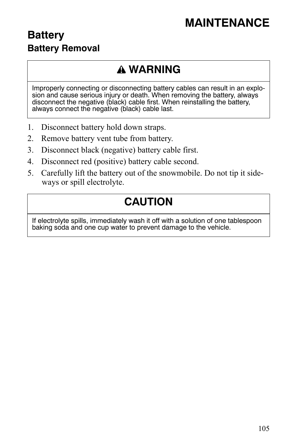 Maintenance, Battery, Warning | Caution | Polaris Trail Touring Deluxe User Manual | Page 108 / 139