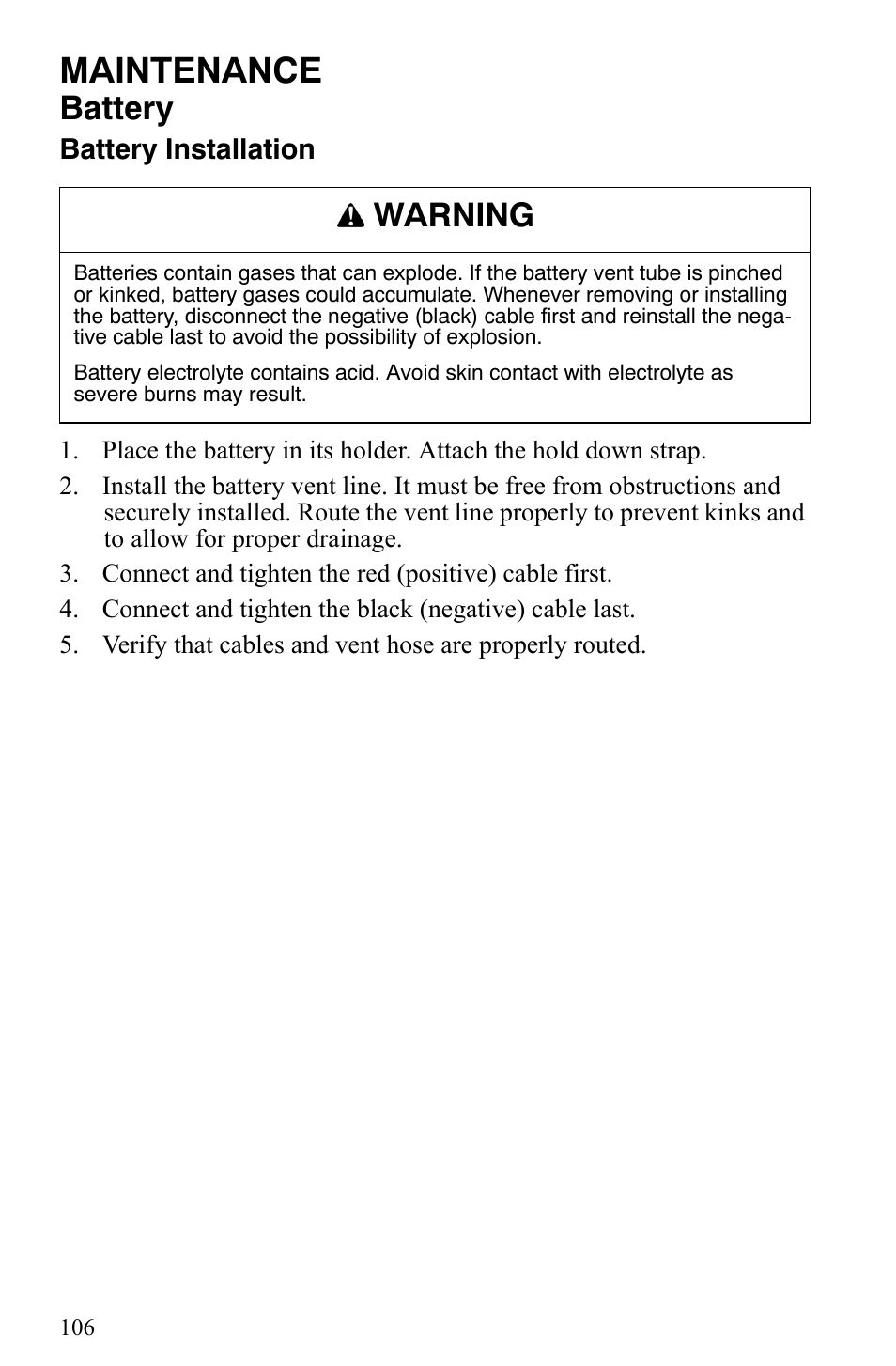 Maintenance, Battery, Warning | Polaris Trail Touring Deluxe User Manual | Page 109 / 139