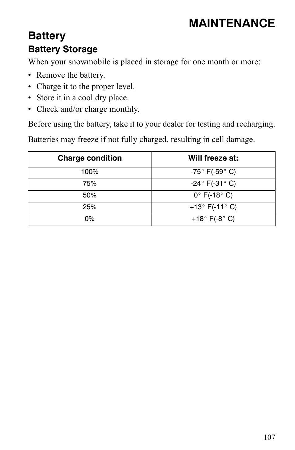 Maintenance, Battery, Battery storage | Polaris Trail Touring Deluxe User Manual | Page 110 / 139