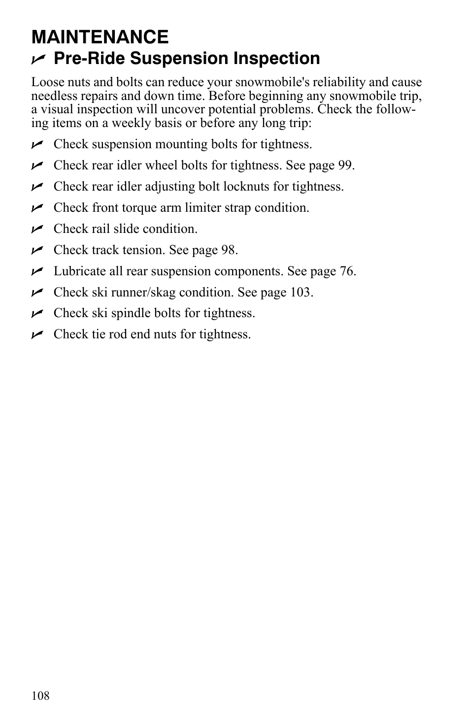 Maintenance, Pre-ride suspension inspection | Polaris Trail Touring Deluxe User Manual | Page 111 / 139