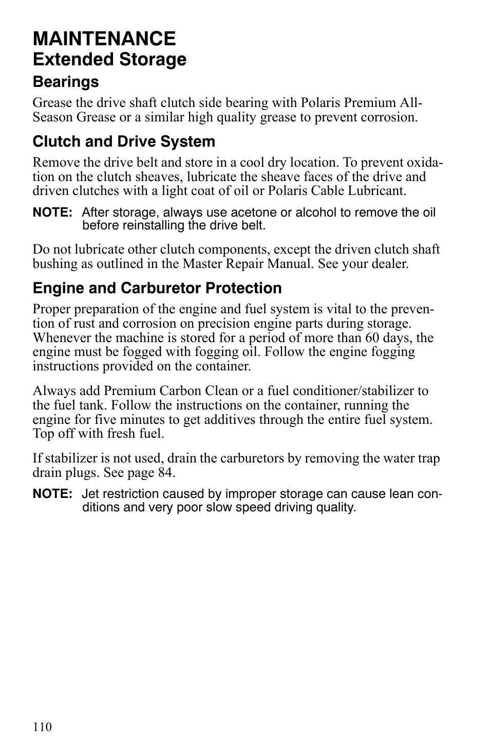 Maintenance, Extended storage | Polaris Trail Touring Deluxe User Manual | Page 113 / 139