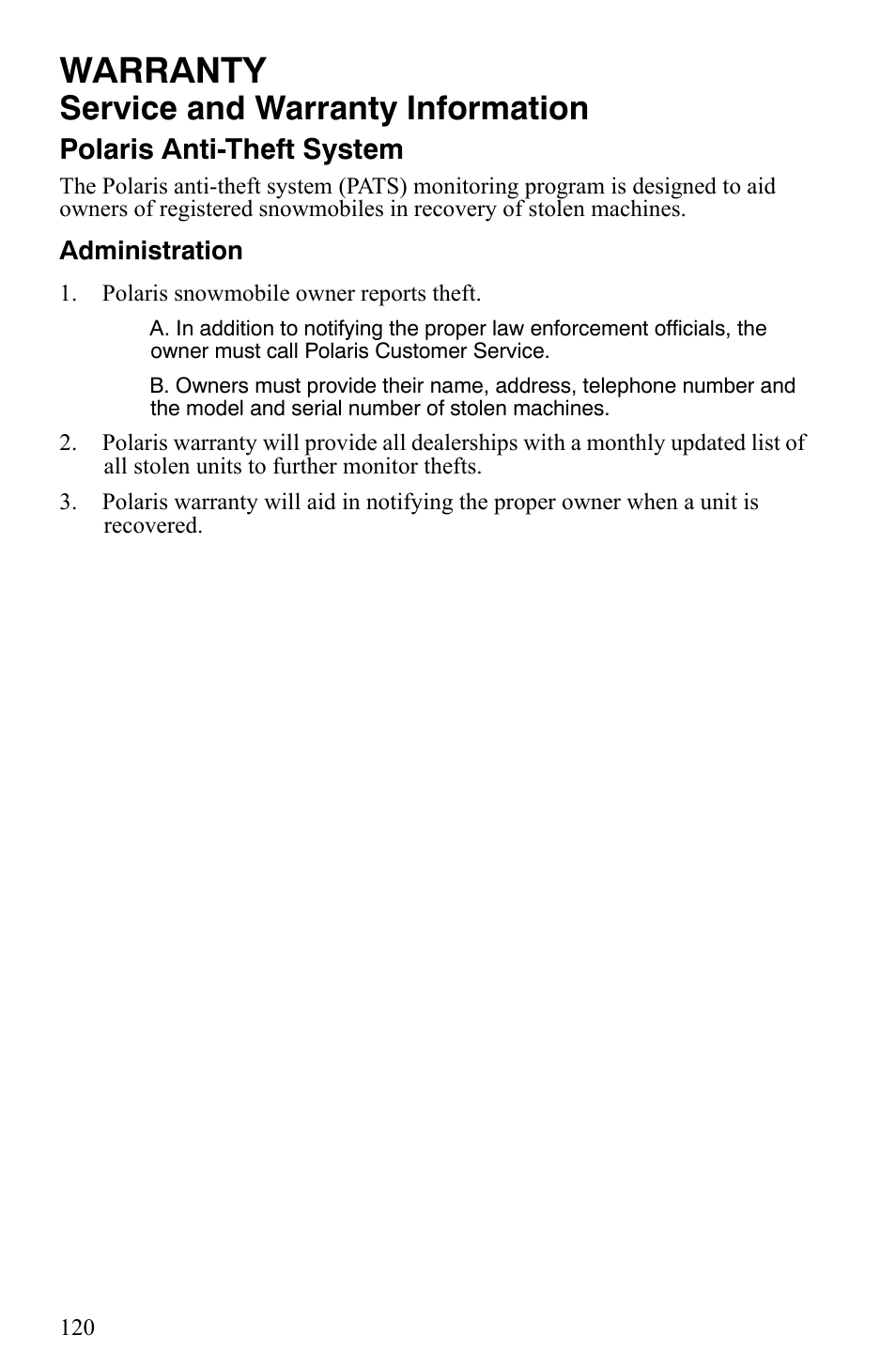 Warranty, Service and warranty information, Polaris anti-theft system | Polaris Trail Touring Deluxe User Manual | Page 123 / 139