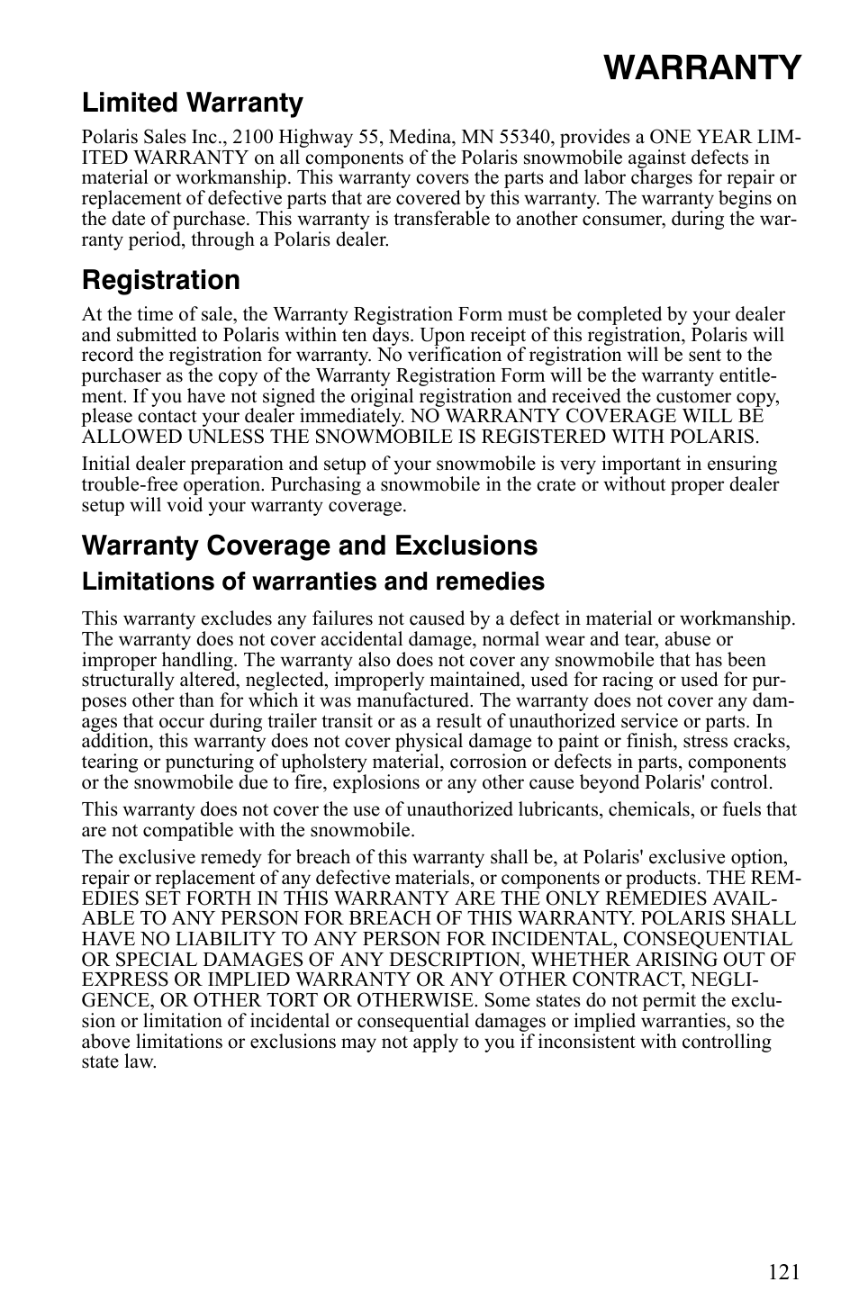 Warranty, Limited warranty, Registration | Warranty coverage and exclusions, Limitations of warranties and remedies | Polaris Trail Touring Deluxe User Manual | Page 124 / 139