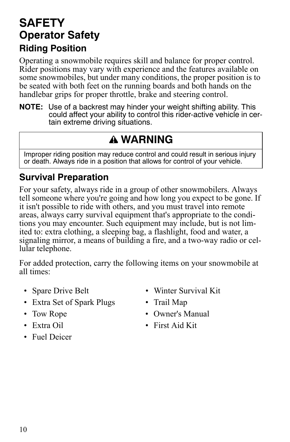 Safety, Operator safety, Warning | Polaris Trail Touring Deluxe User Manual | Page 13 / 139