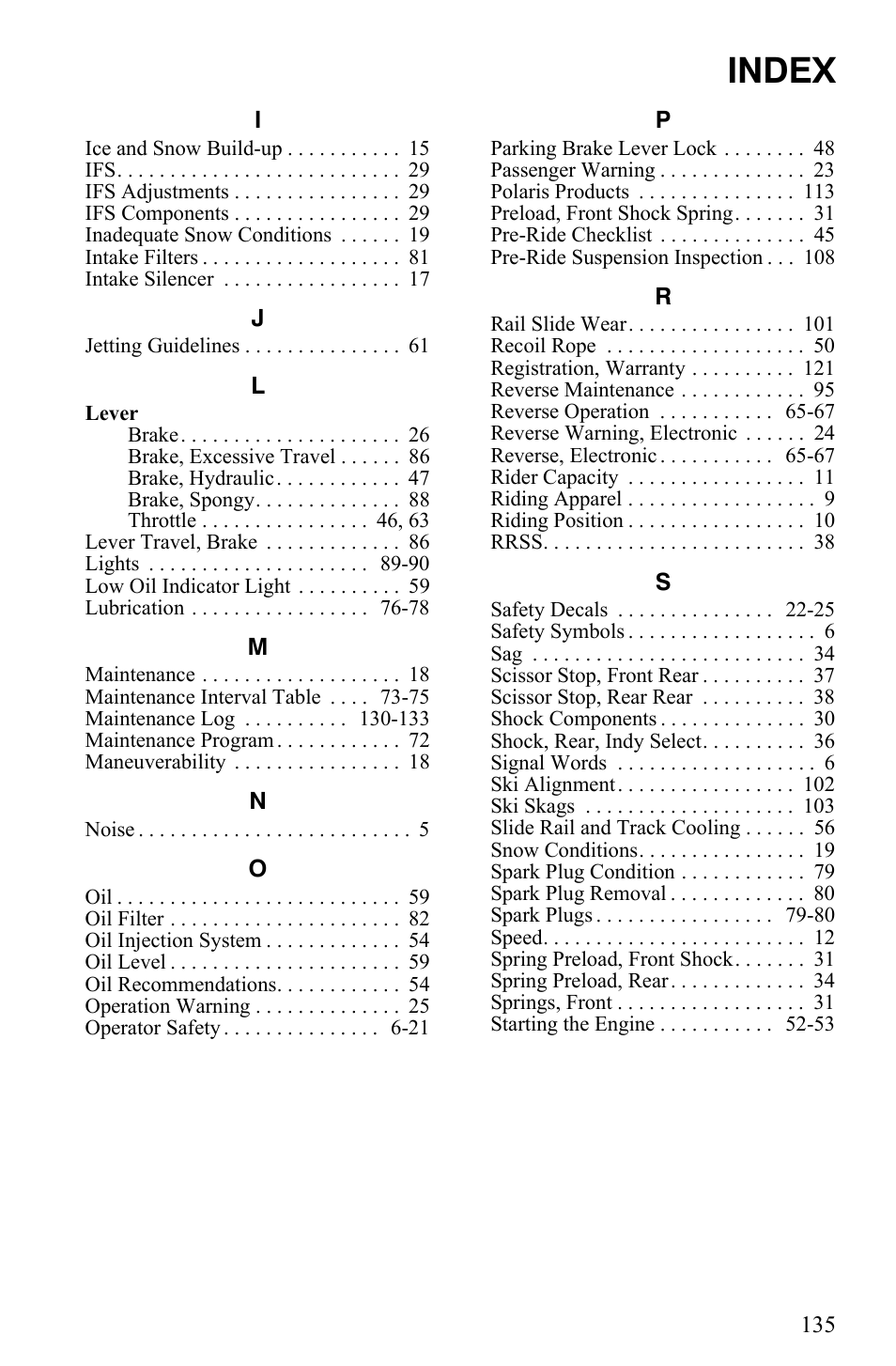 Index | Polaris Trail Touring Deluxe User Manual | Page 138 / 139