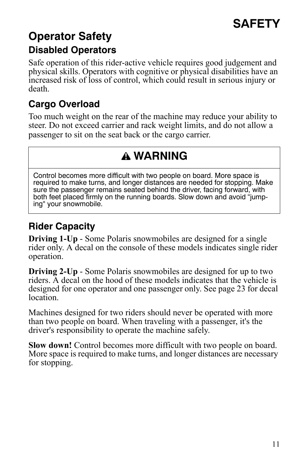 Safety, Operator safety, Warning | Polaris Trail Touring Deluxe User Manual | Page 14 / 139