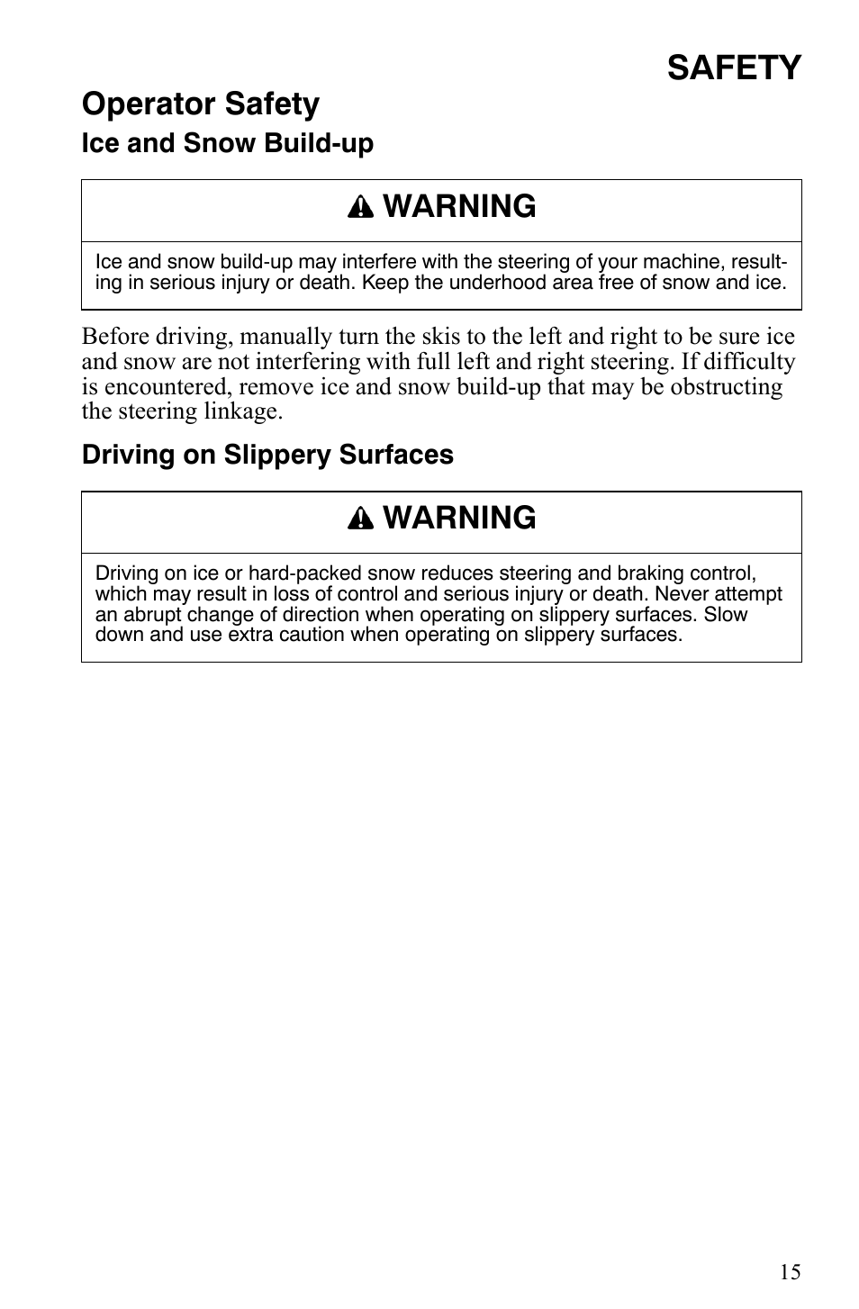 Safety, Operator safety, Warning | Polaris Trail Touring Deluxe User Manual | Page 18 / 139