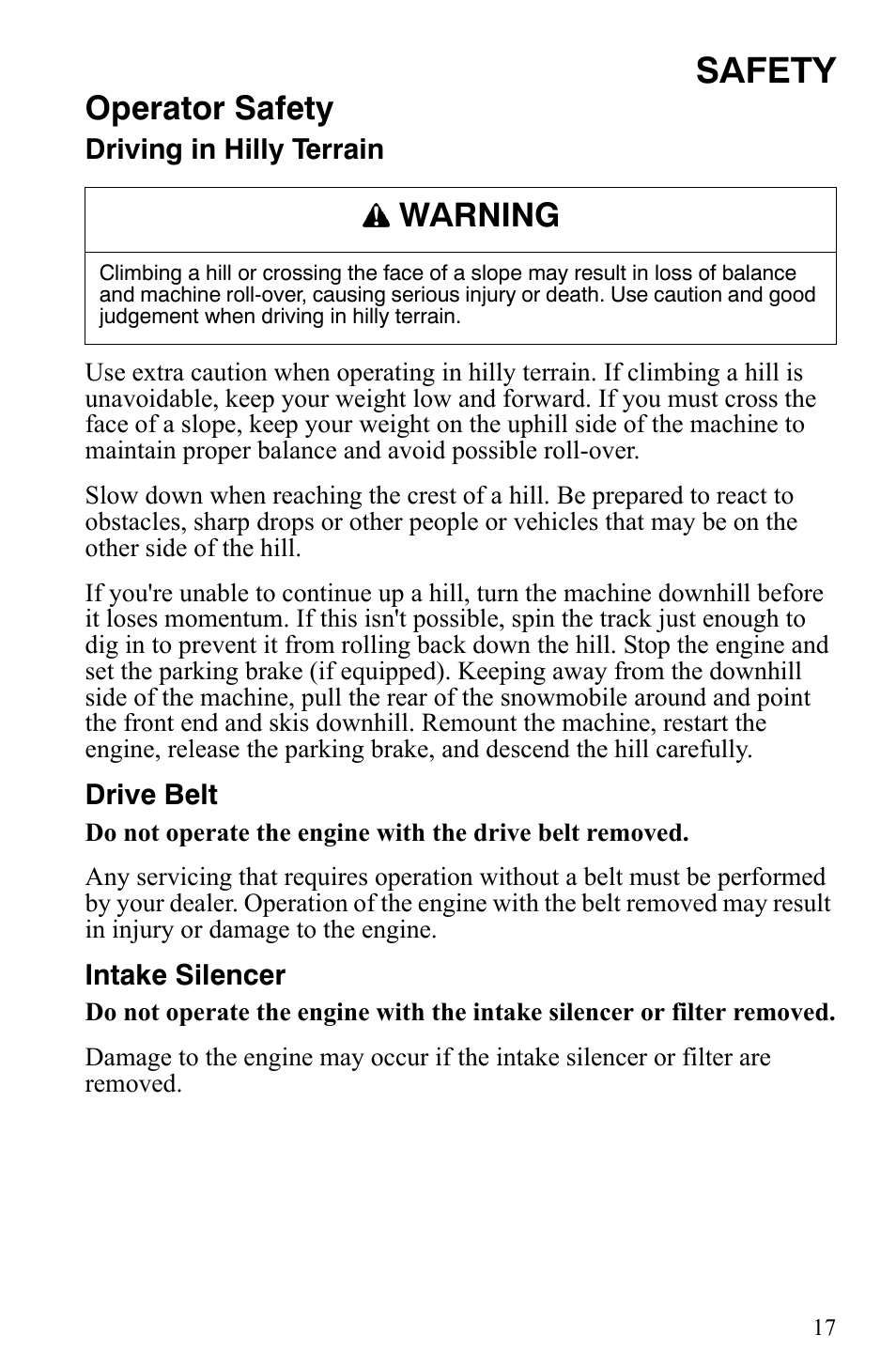 Safety, Operator safety, Warning | Polaris Trail Touring Deluxe User Manual | Page 20 / 139