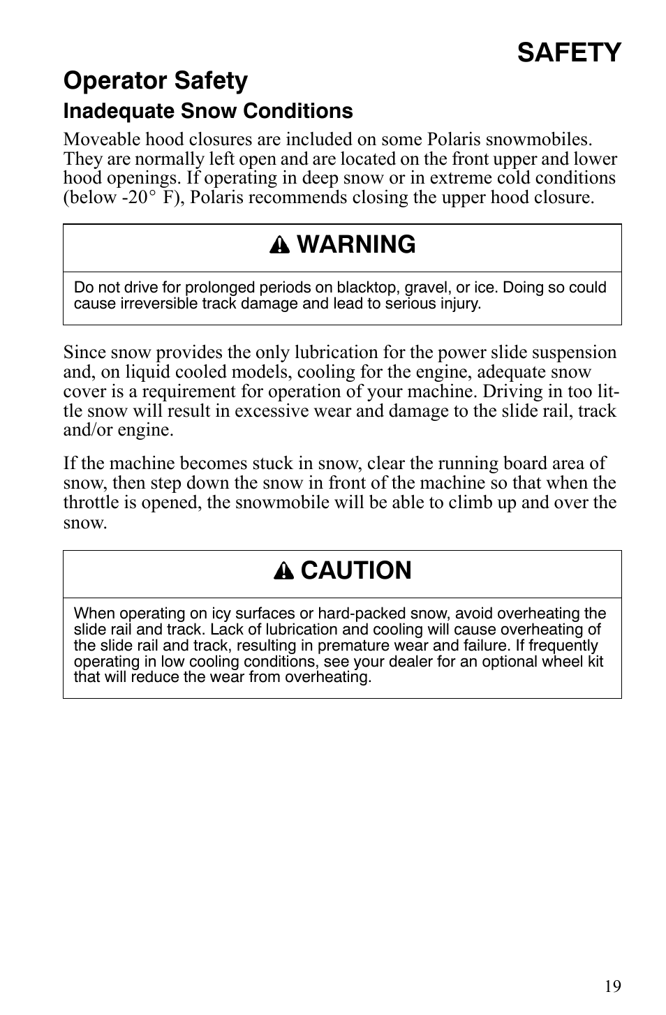 Safety, Operator safety, Warning | Caution | Polaris Trail Touring Deluxe User Manual | Page 22 / 139