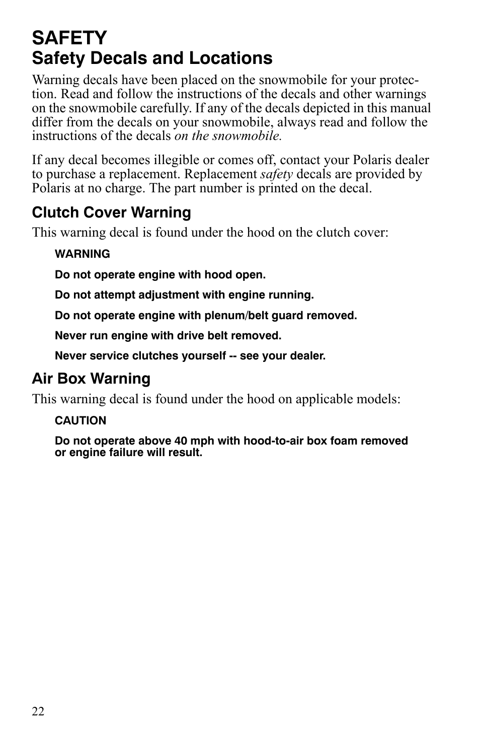 Safety, Safety decals and locations | Polaris Trail Touring Deluxe User Manual | Page 25 / 139