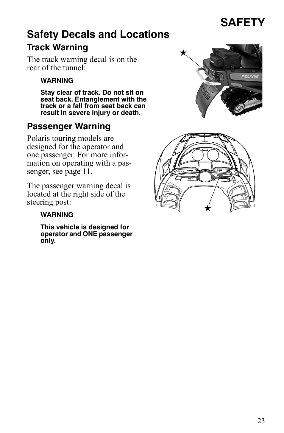 Safety, Safety decals and locations | Polaris Trail Touring Deluxe User Manual | Page 26 / 139