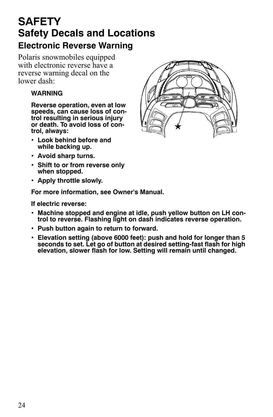 Safety, Safety decals and locations, Electronic reverse warning | Polaris Trail Touring Deluxe User Manual | Page 27 / 139