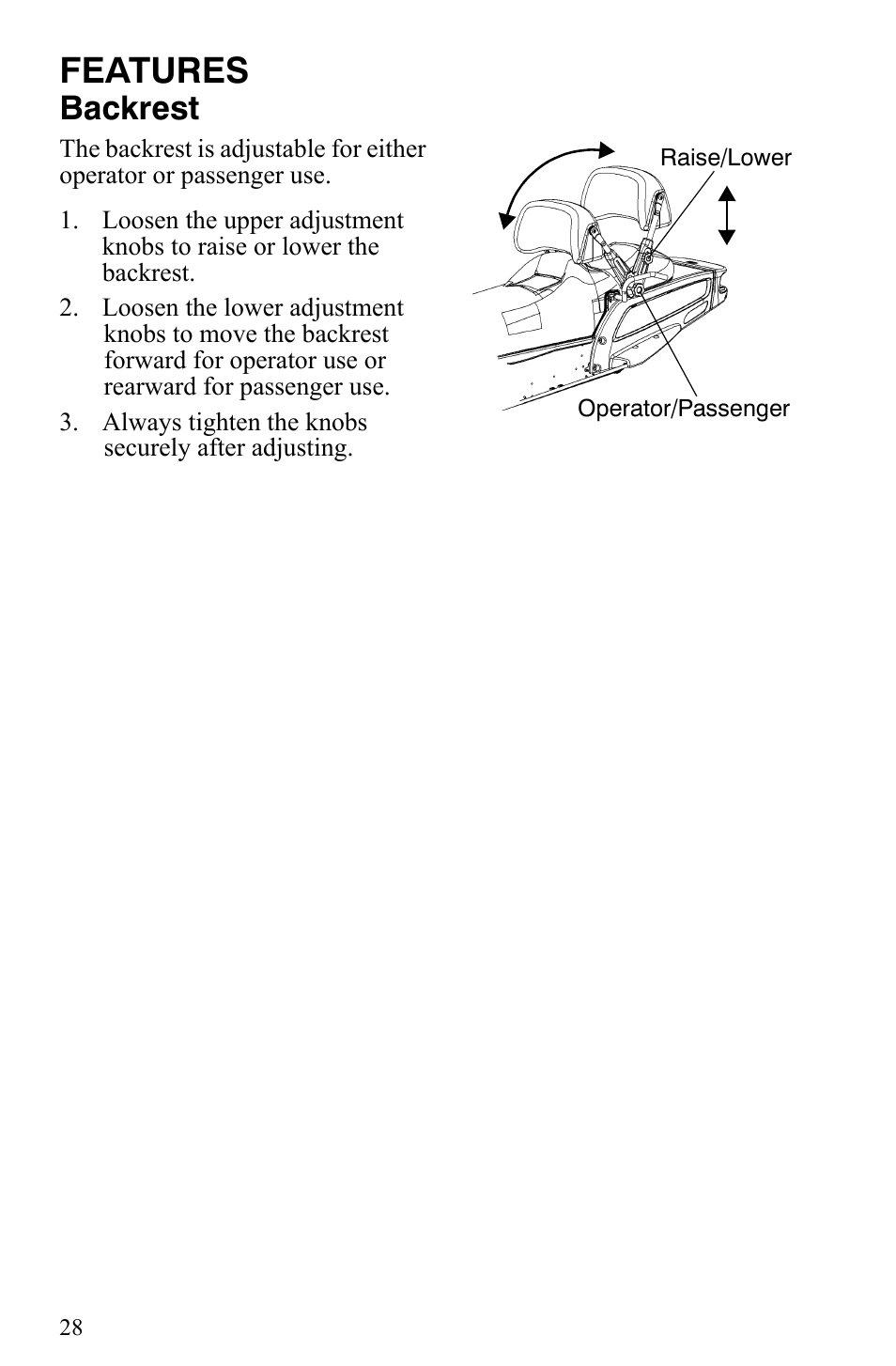 Features, Backrest | Polaris Trail Touring Deluxe User Manual | Page 31 / 139