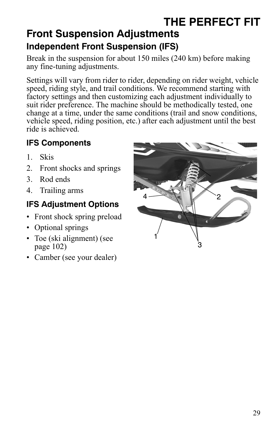 The perfect fit, Front suspension adjustments | Polaris Trail Touring Deluxe User Manual | Page 32 / 139