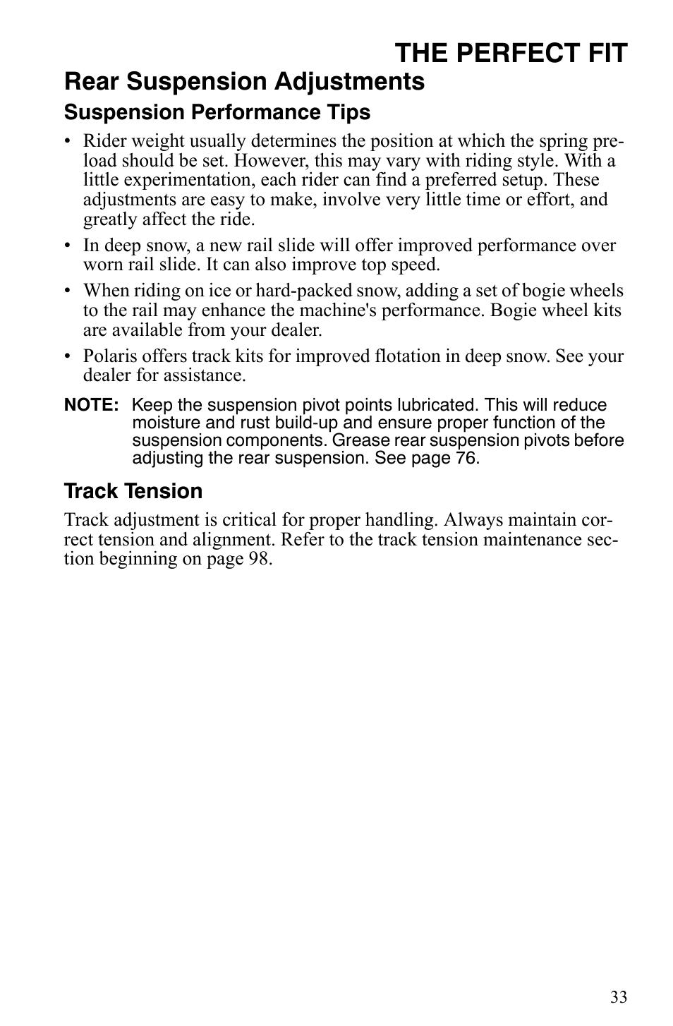 The perfect fit, Rear suspension adjustments | Polaris Trail Touring Deluxe User Manual | Page 36 / 139