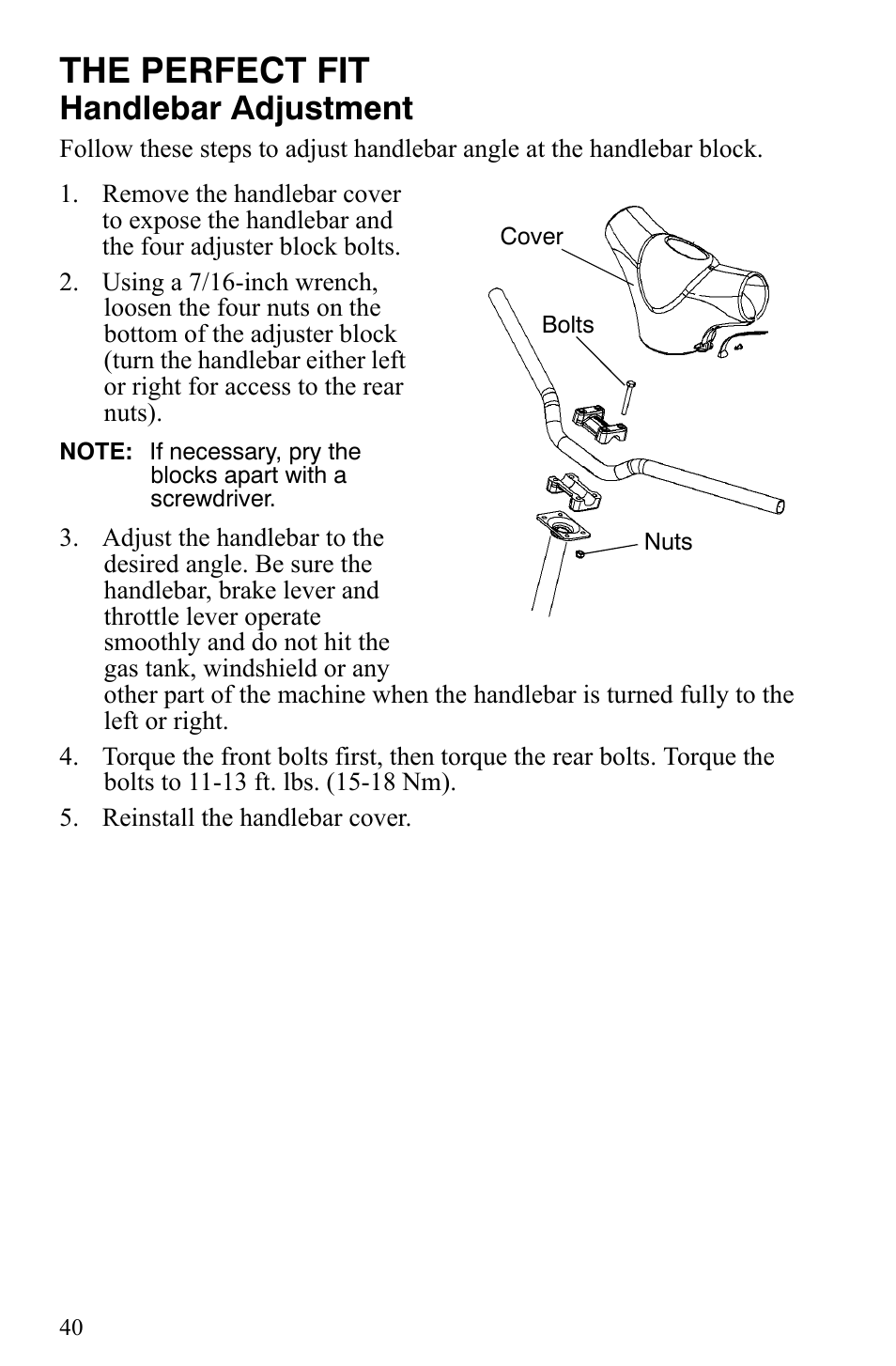 The perfect fit, Handlebar adjustment | Polaris Trail Touring Deluxe User Manual | Page 43 / 139