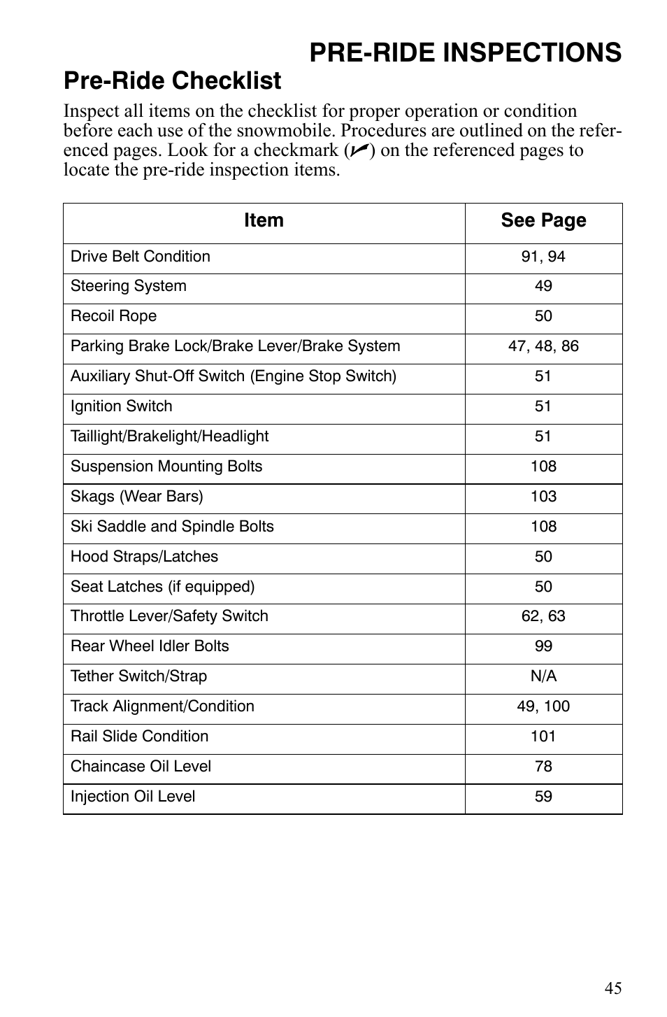 Pre-ride inspections, Pre-ride checklist | Polaris Trail Touring Deluxe User Manual | Page 48 / 139